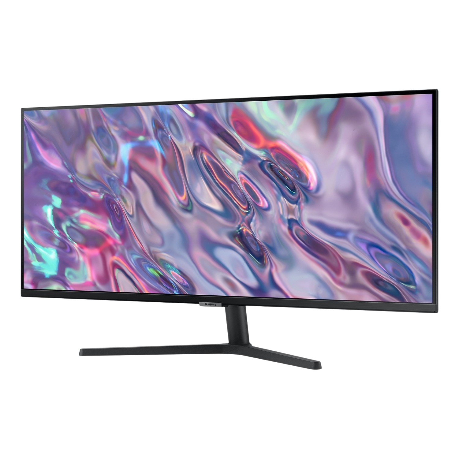 A large, curved computer monitor displaying a colorful, abstract background, with a black stand and frame.
