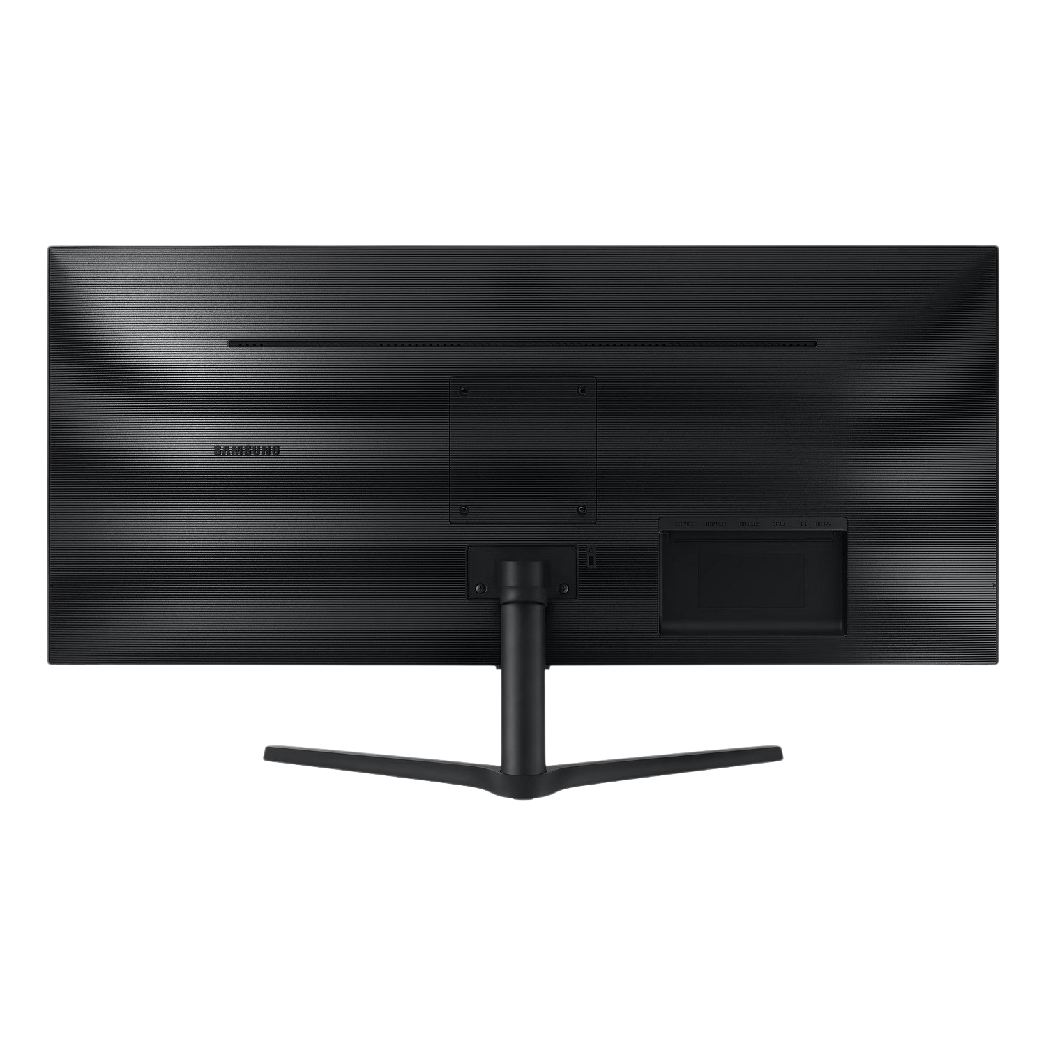 Back of a black Samsung monitor with a stand. It has a textured surface with connection ports.