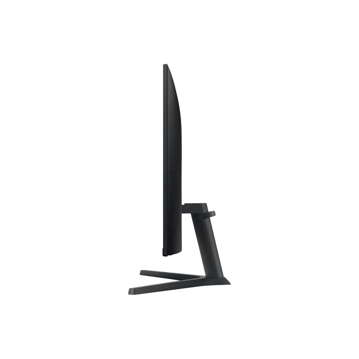Side view of a black computer monitor on a black background. The monitor has a stand.