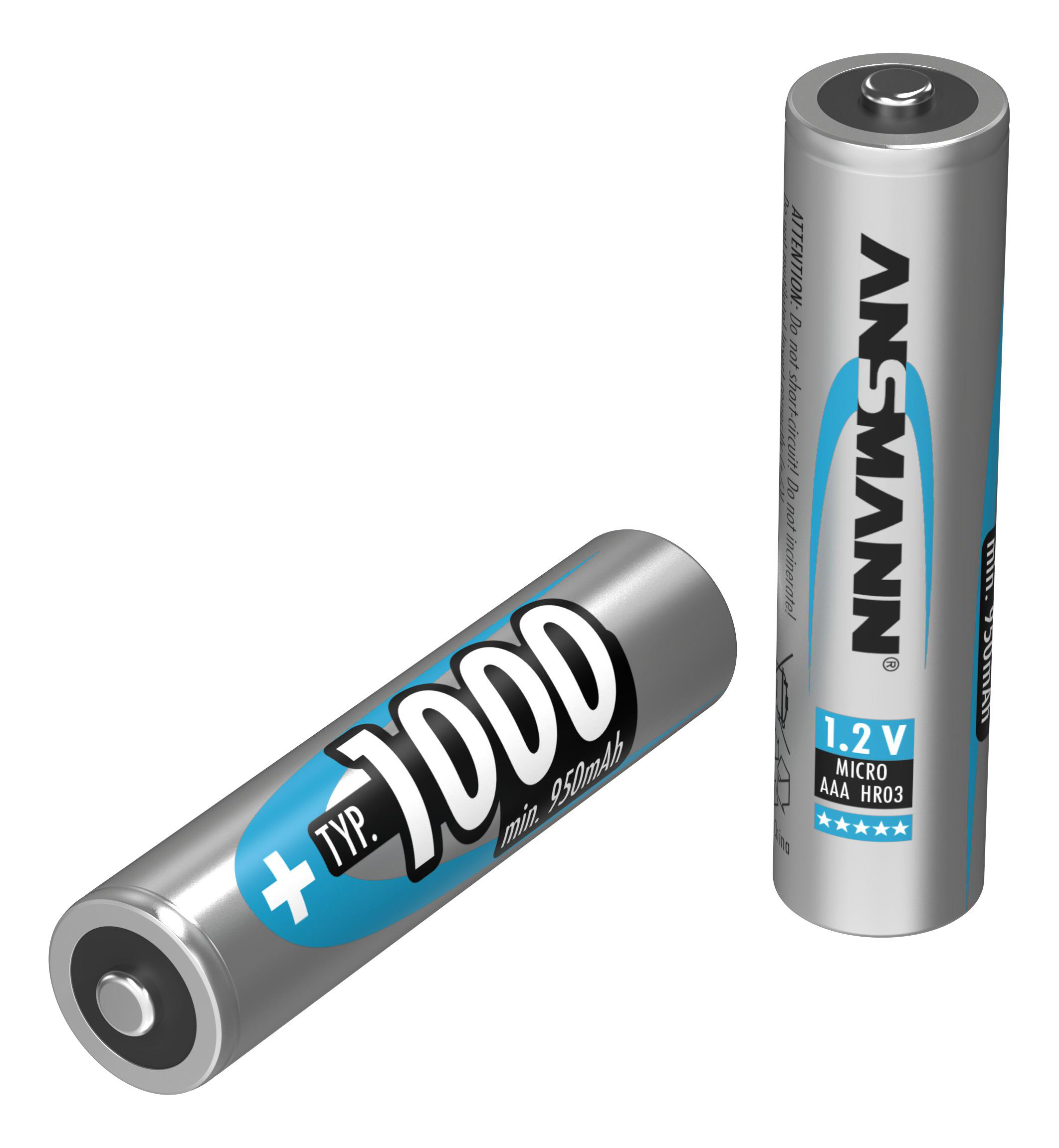Zwei AAA-Batterien. Eine steht, die andere liegt mit dem Pluszeichen sichtbar.