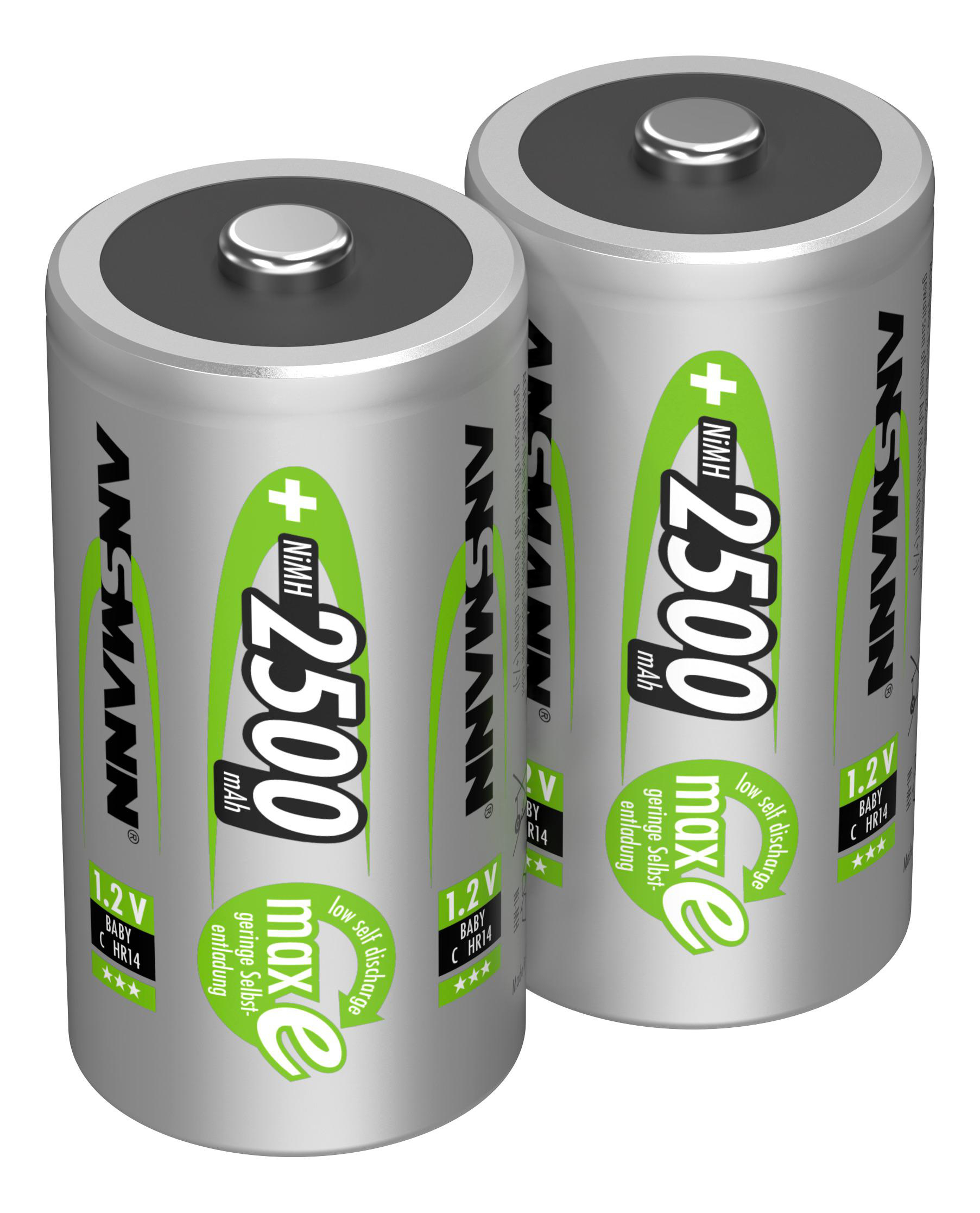 Zwei silberne und grüne zylindrische Batterien mit der Aufschrift 'ANSMANN 2500 mAh'.