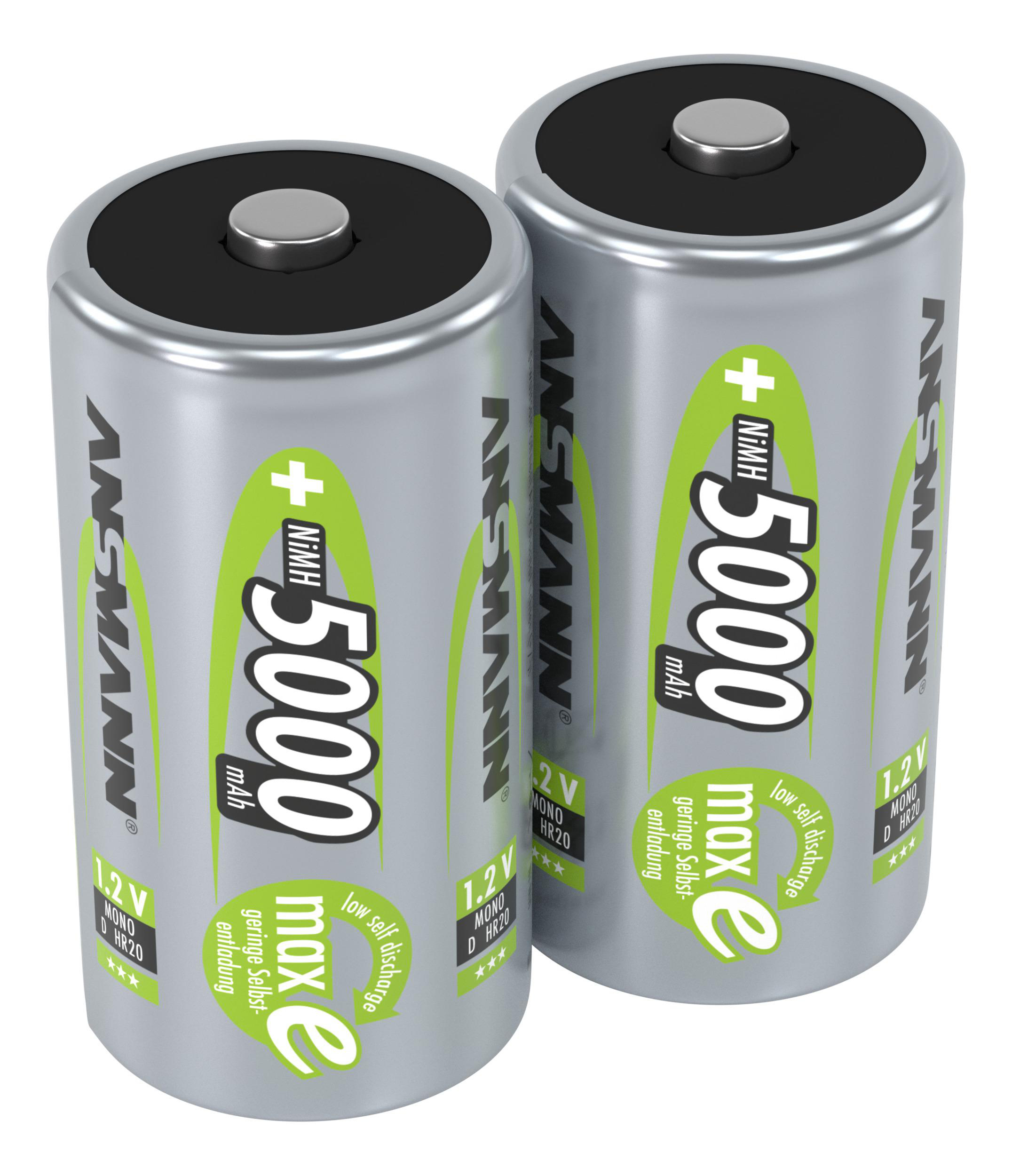 Zwei silberfarbene AA-Batterien mit grün-weißen Etiketten. Etiketten zeigen Marke und Spezifikationen.