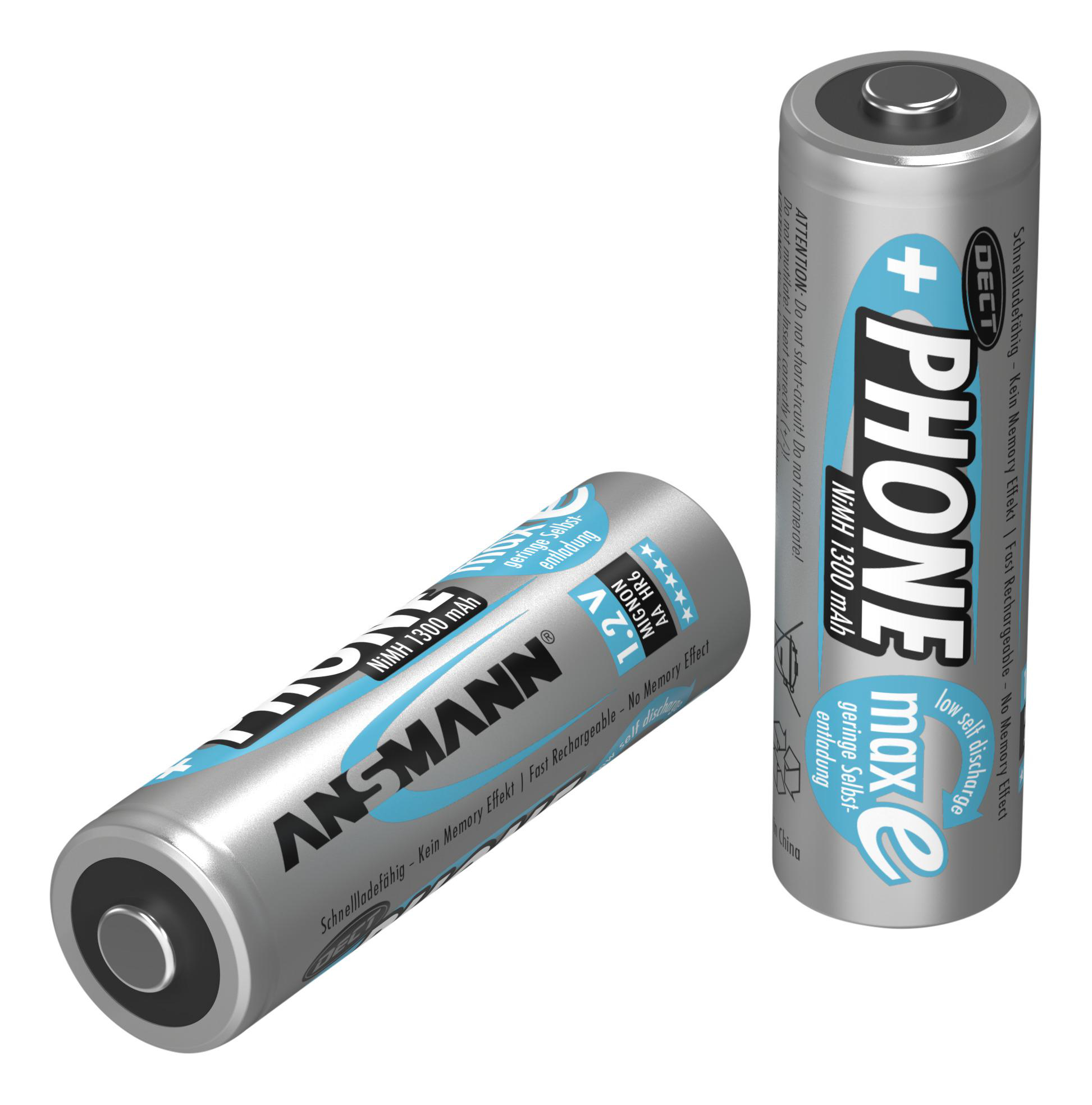 Zwei silber-blaue ANSMANN 'PHONE max e' Batterien mit Text und Plus/Minus-Symbolen.
