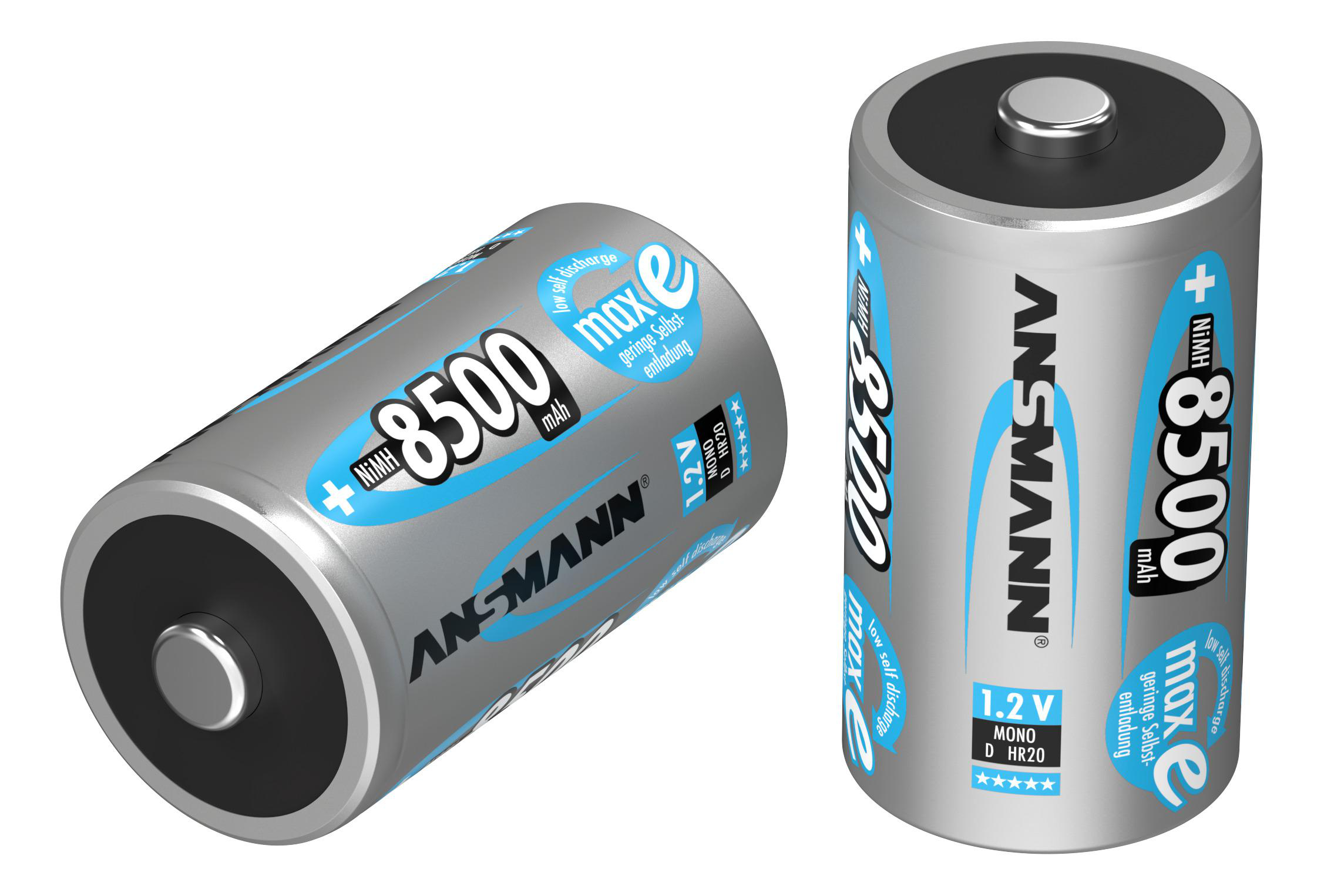 Zwei silberne ANSMANN 8500 mAh Batterien. Sie haben blau-weißen Text.