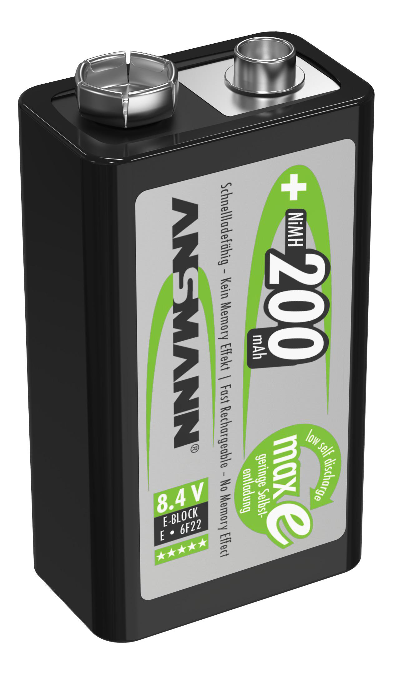 Schwarze Ansmann 8,4V Batterie. Mit Text: '200 mAh', 'geringe Selbstentladung' und weiteren Details.
