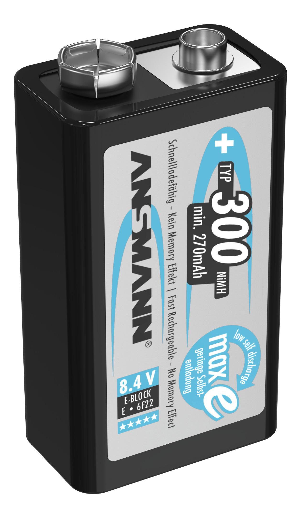 Eine schwarze 9V-Batterie. Das Etikett zeigt technische Informationen.