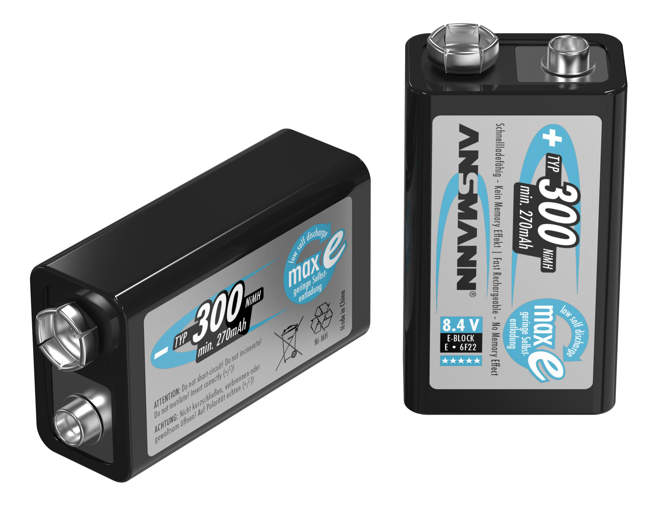 Zwei 9V-Batterien, schwarz mit silbernen Anschlüssen.
