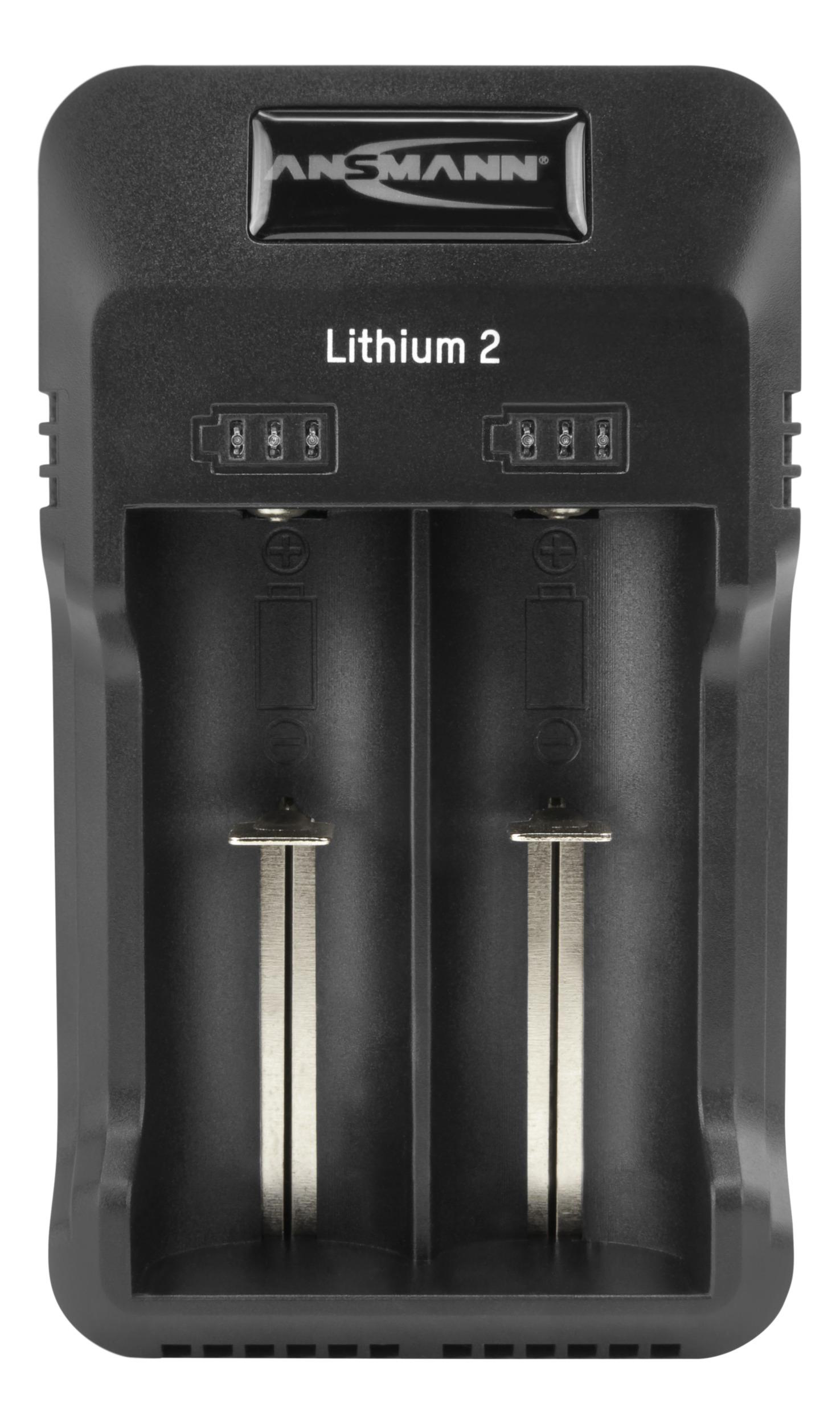 Schwarzes Ansmann Lithium 2 Ladegerät. Zwei Ladeschlitze sind sichtbar. Das Ladegerät ist schlicht.