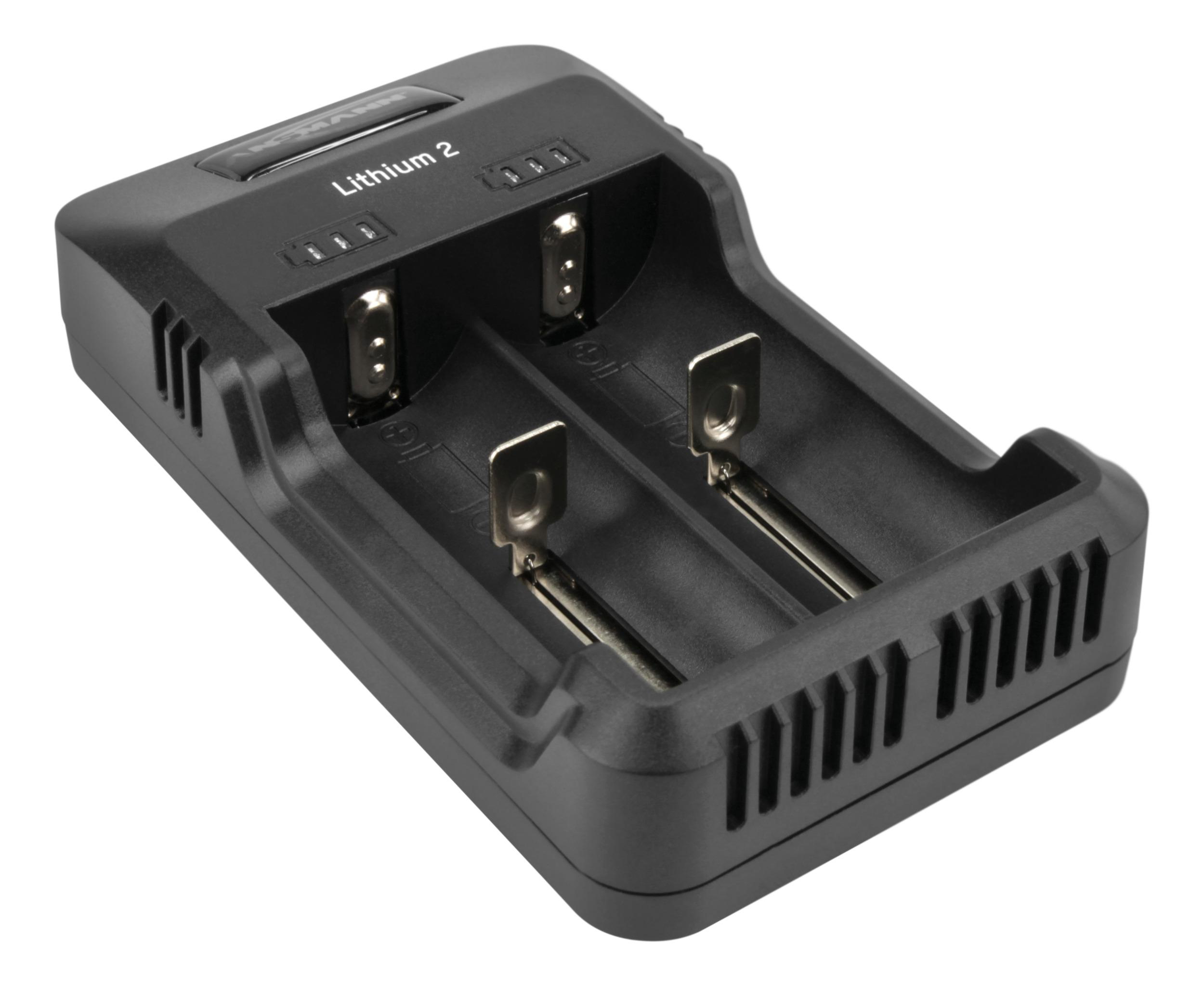 Ein schwarzes Lithium-Batterieladegerät mit zwei Schlitzen und dem Namen "Lithium 2" oben.