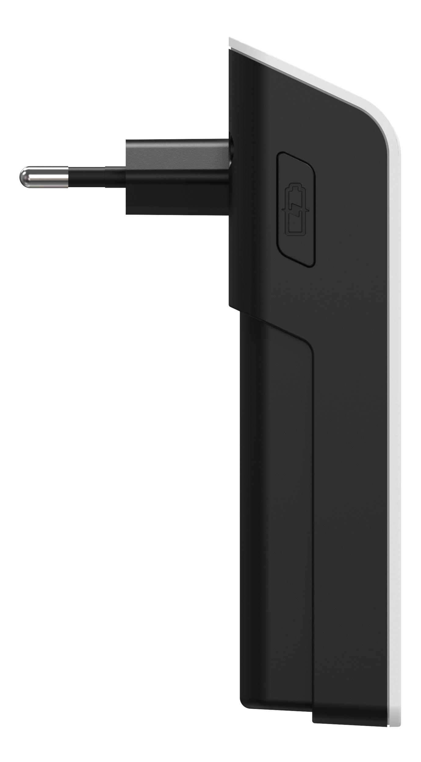 Ein schwarz-weißer Netzadapter mit Stecker. Seitenansicht.