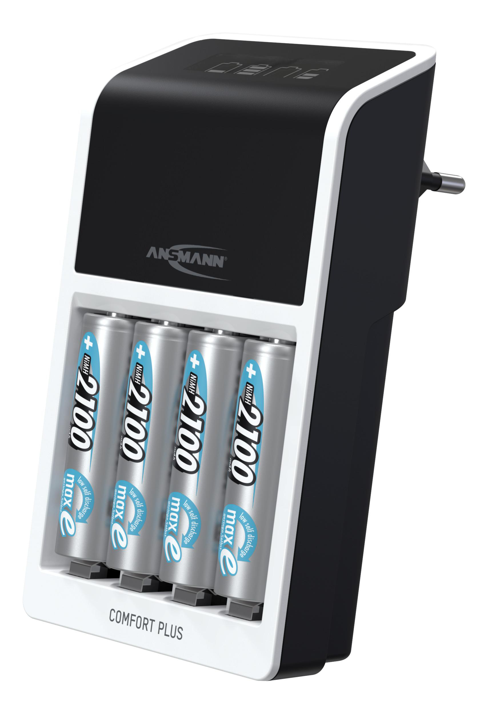 Ein schwarz-weißes Batterieladegerät mit vier AA-Batterien, freigestellt auf weißem Hintergrund.