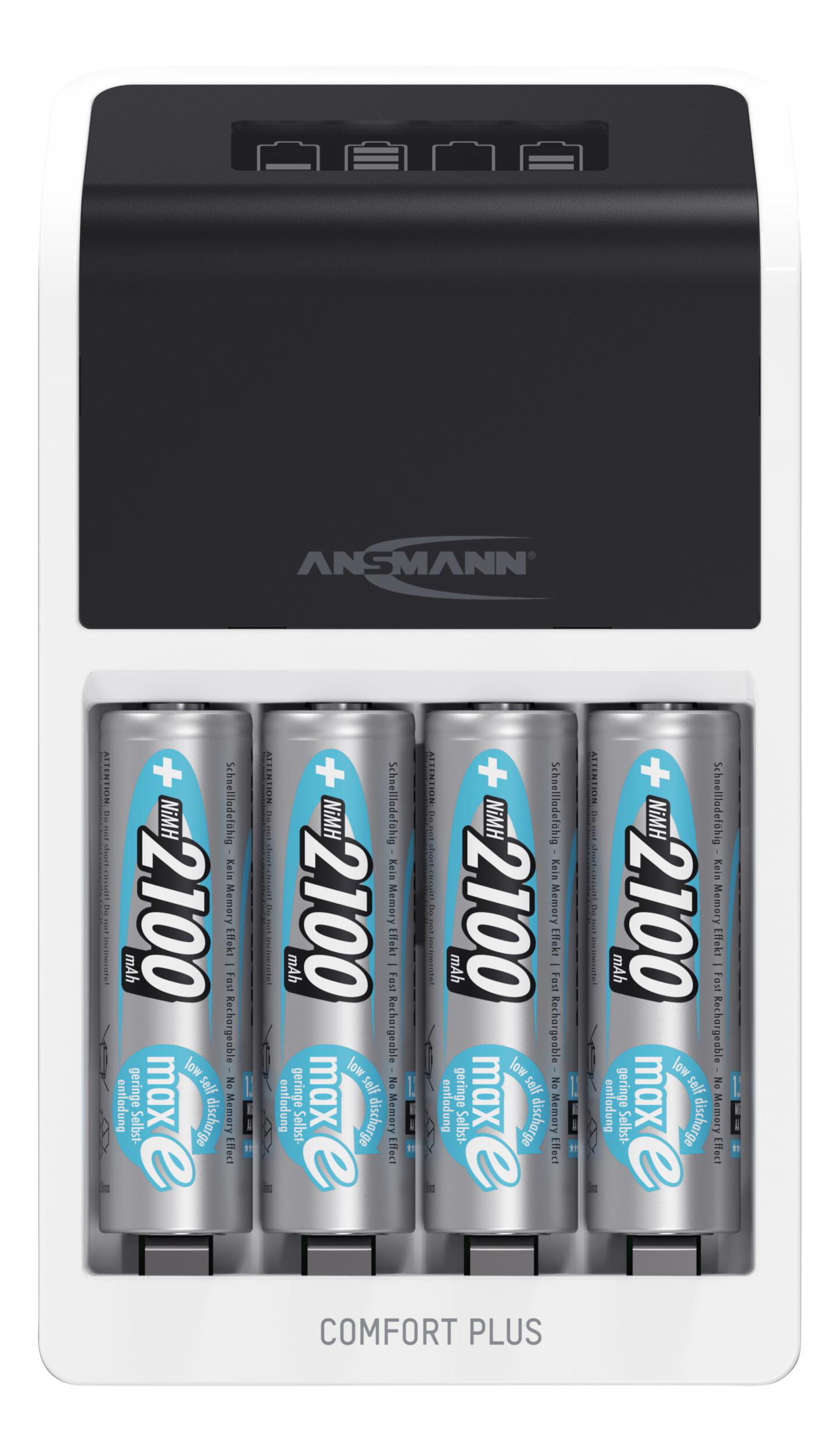 Weißes und schwarzes Batterieladegerät mit vier eingelegten AA-Batterien.