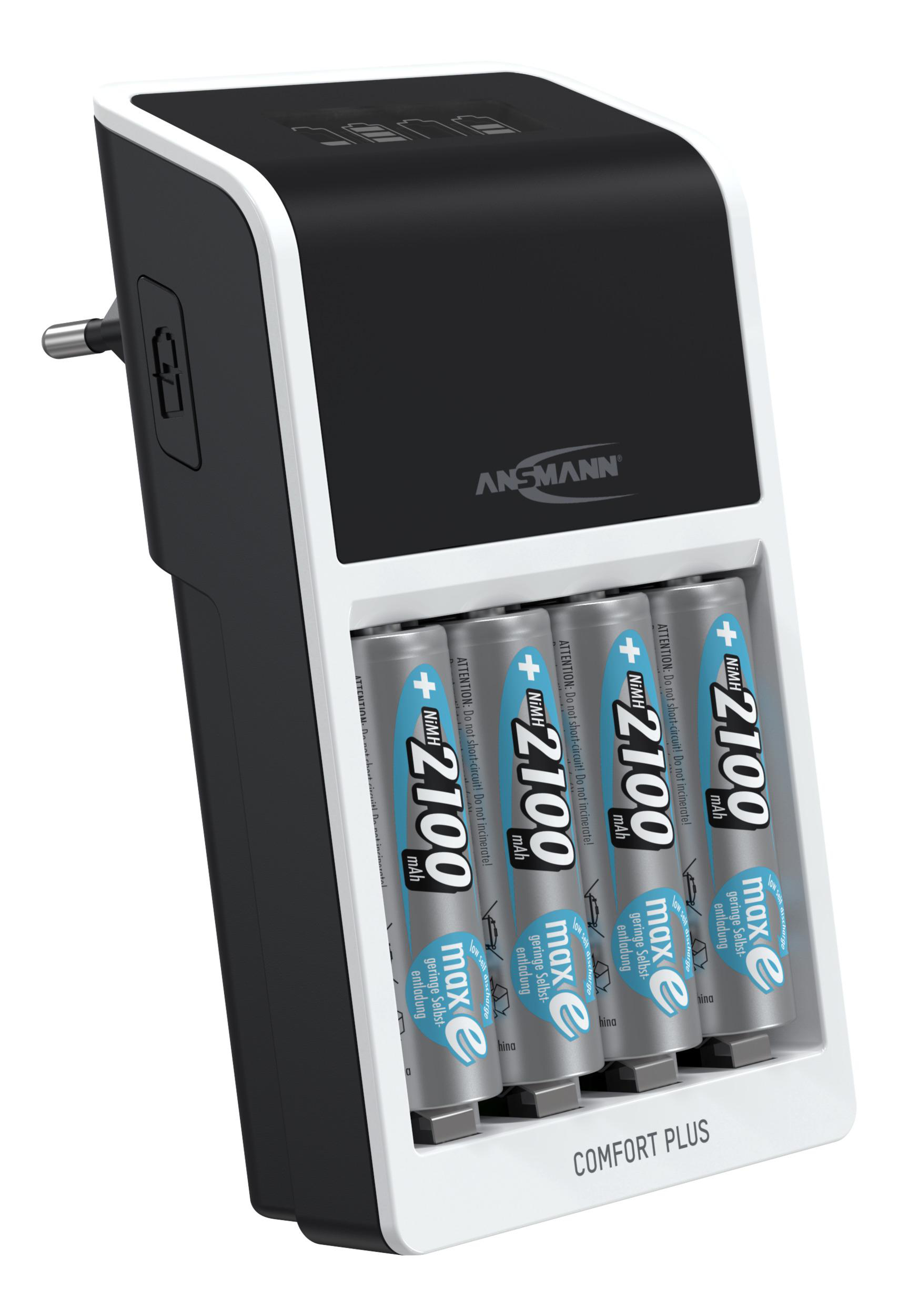Weißes und schwarzes Batterieladegerät mit Batterien im Inneren. Die Batterien sind silber und blau.