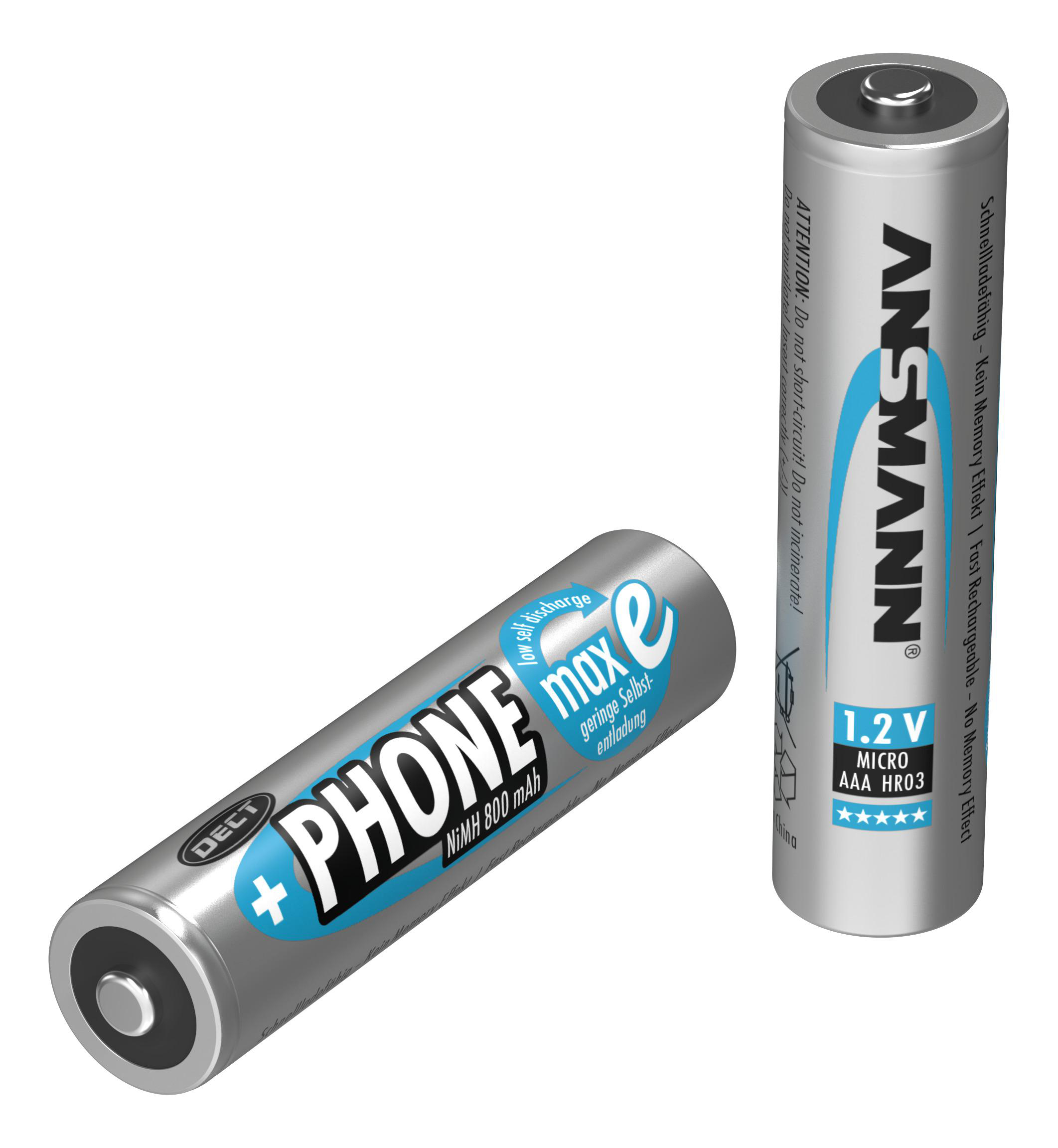 Zwei silberne AAA-Batterien. Eine lehnt sich, die andere steht aufrecht. Beide haben ANNSMANN und PHONE+ Etiketten.