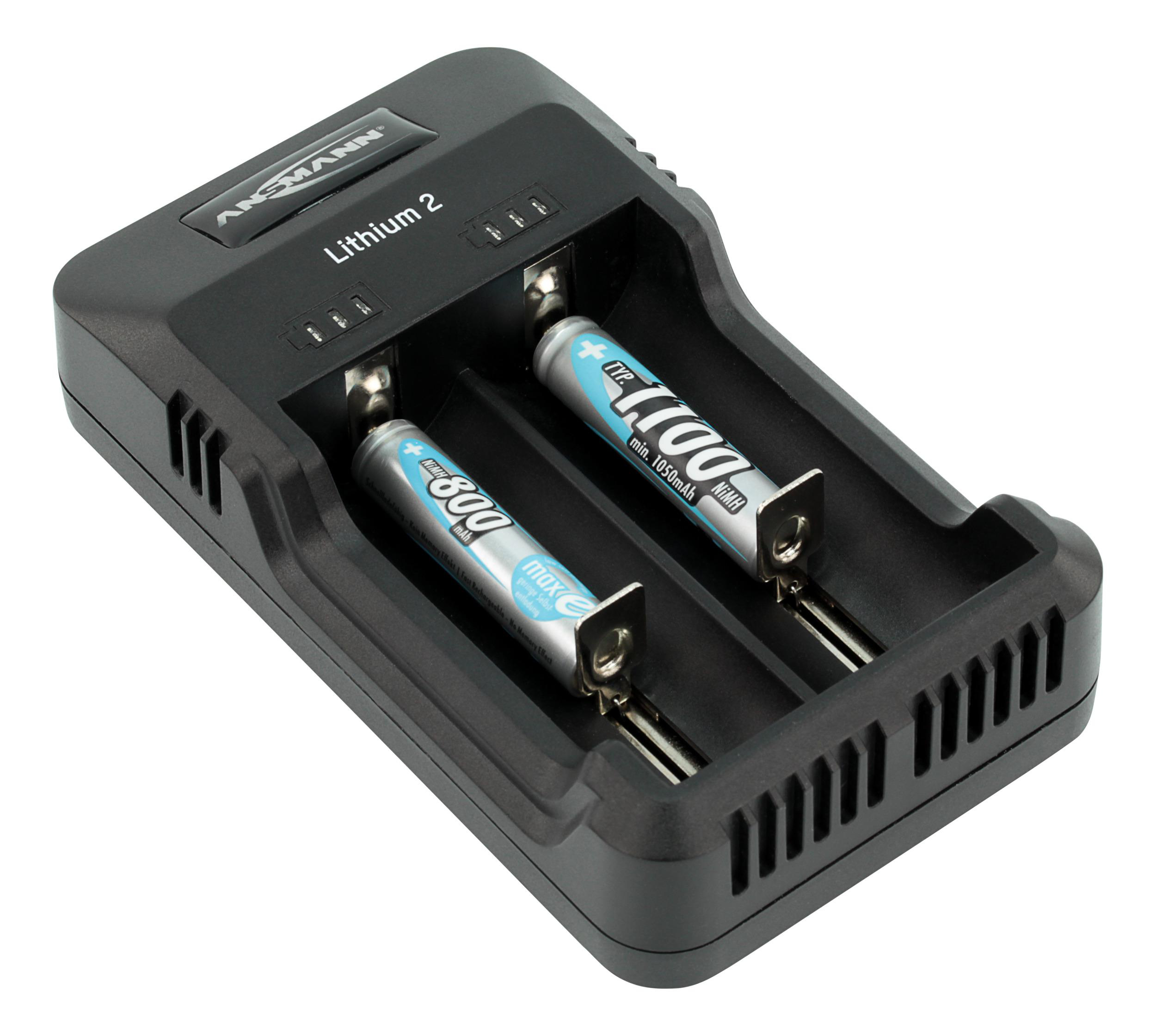 Schwarzes Ladegerät mit zwei AA-Batterien. Das Ladegerät ist mit dem Ansmann Lithium 2 Logo gekennzeichnet.