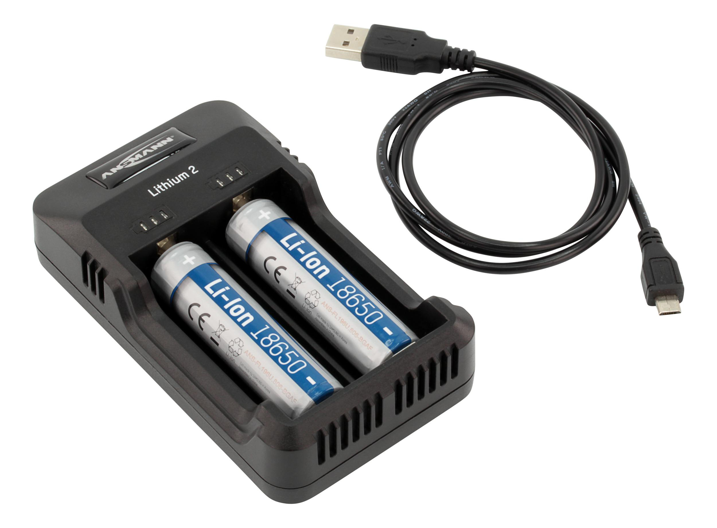 Schwarzes Batterieladegerät mit zwei Batterien und einem USB-Kabel.