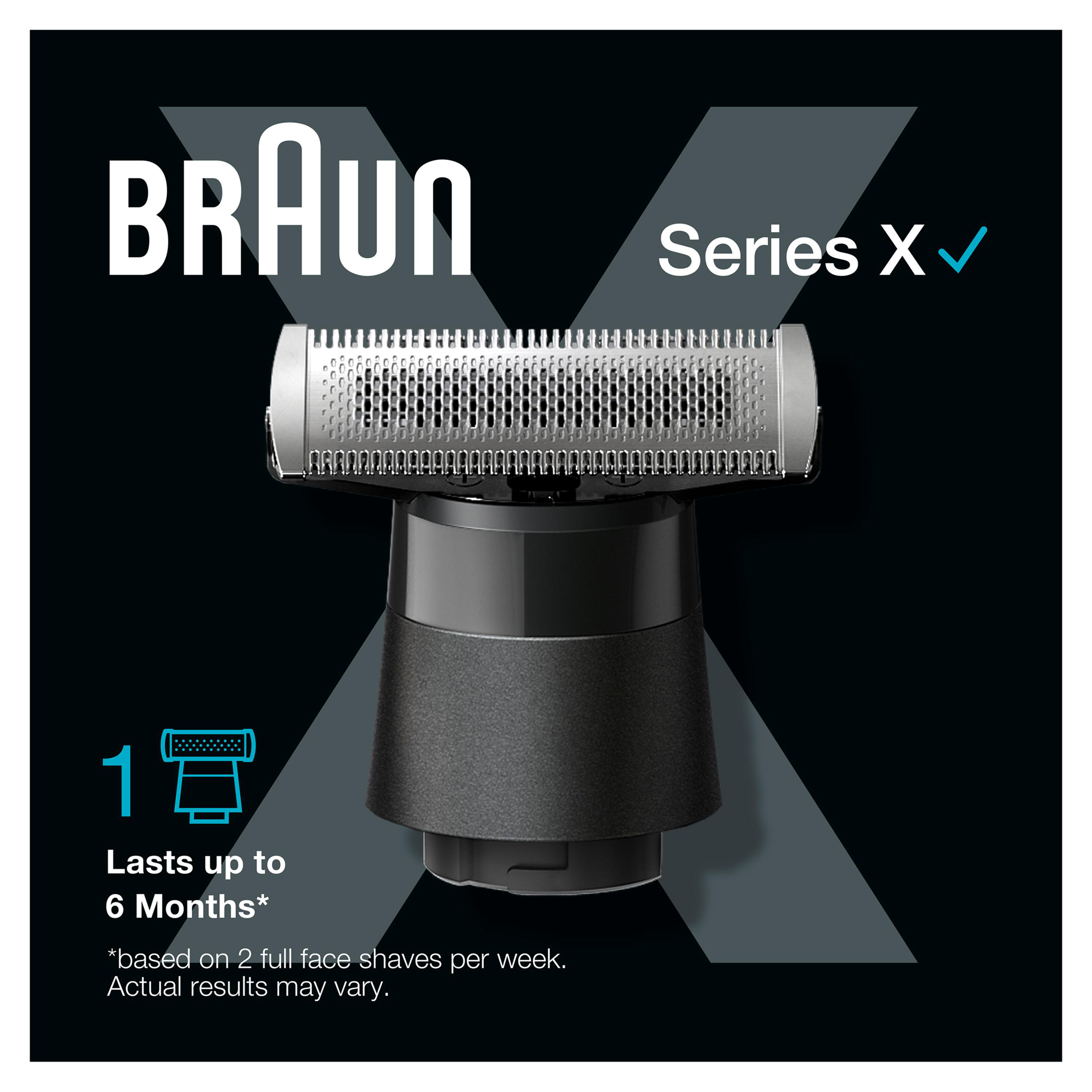 Braun Series X Rasiererkopf, schwarzer Griff und blauer Hintergrund mit Text.