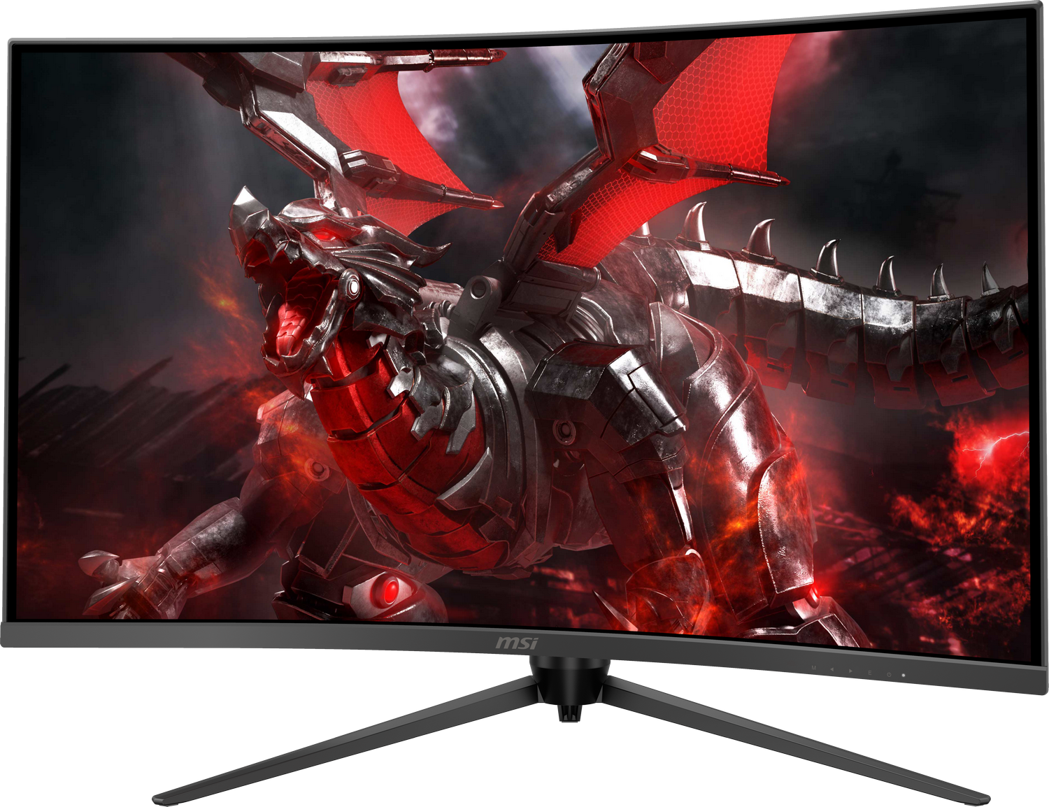 Monitor curvo con visualización gráfica de dragón.