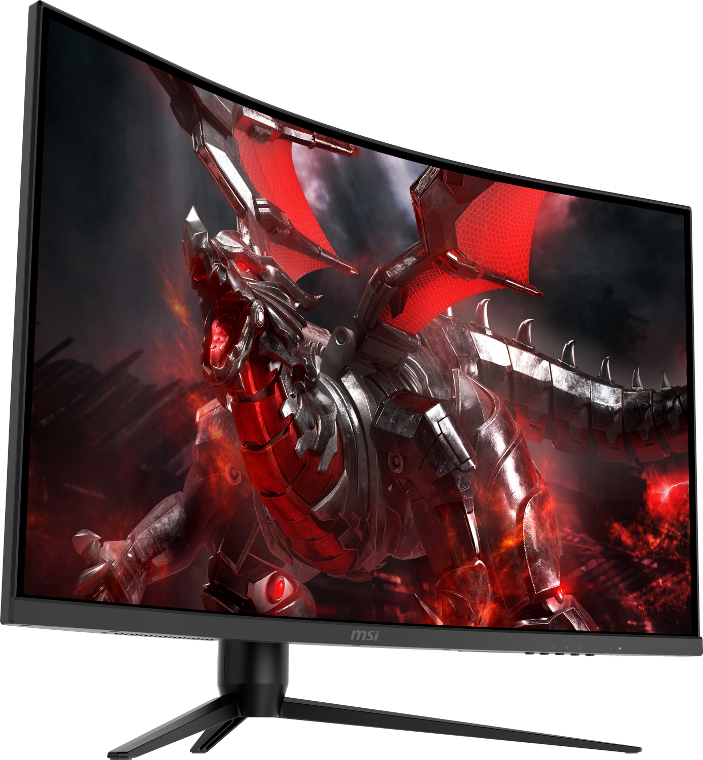 Un monitor gaming MSI curvo. Muestra una imagen de un dragón ardiente. El soporte es negro.