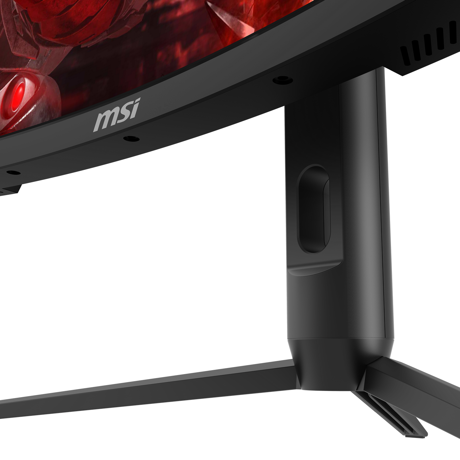 Soporte de monitor negro. La base es un trípode. La pantalla muestra colores rojos.