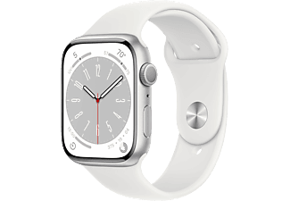 APPLE Watch S8 GPS 45 mm Boîtier Aluminium Argent, Bracelet Sport Blanc Regular (MP6N3NF/A)