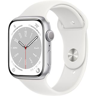 APPLE Watch S8 GPS 45 mm Boîtier Aluminium Argent, Bracelet Sport Blanc Regular (MP6N3NF/A)