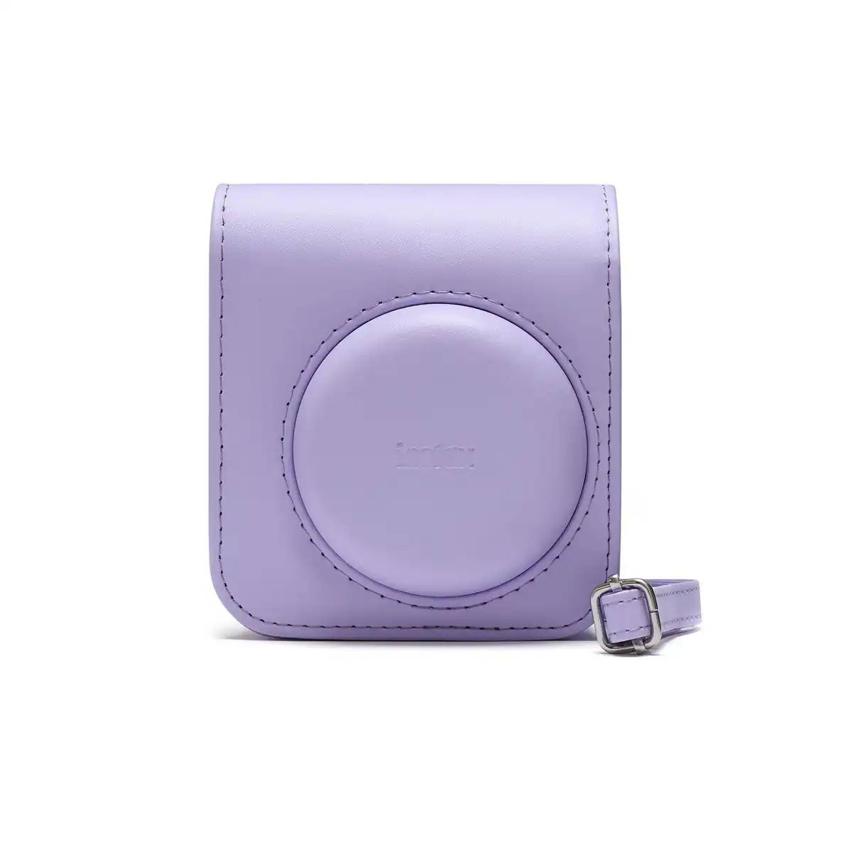 Una funda de cámara Instax de color lavanda con correa y cierre.