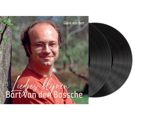 Une pochette d'album présente un homme et deux disques vinyles. L'album est de Bart van den Bossche.
