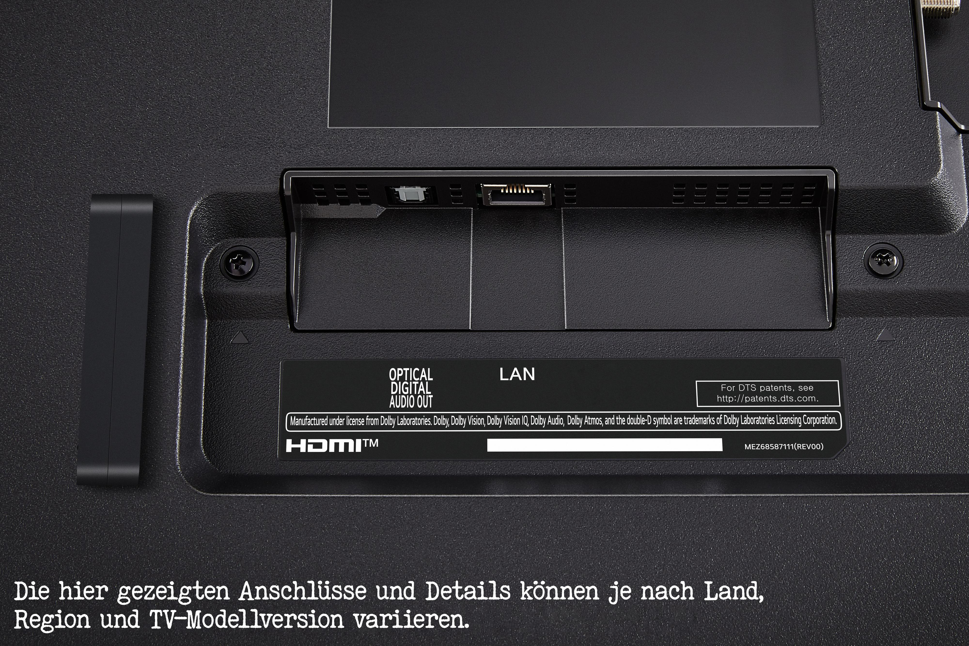 Die Rückseite eines Fernsehers mit Anschlüssen, den LAN- und HDMI-Etiketten und einem Steuerknüppel.