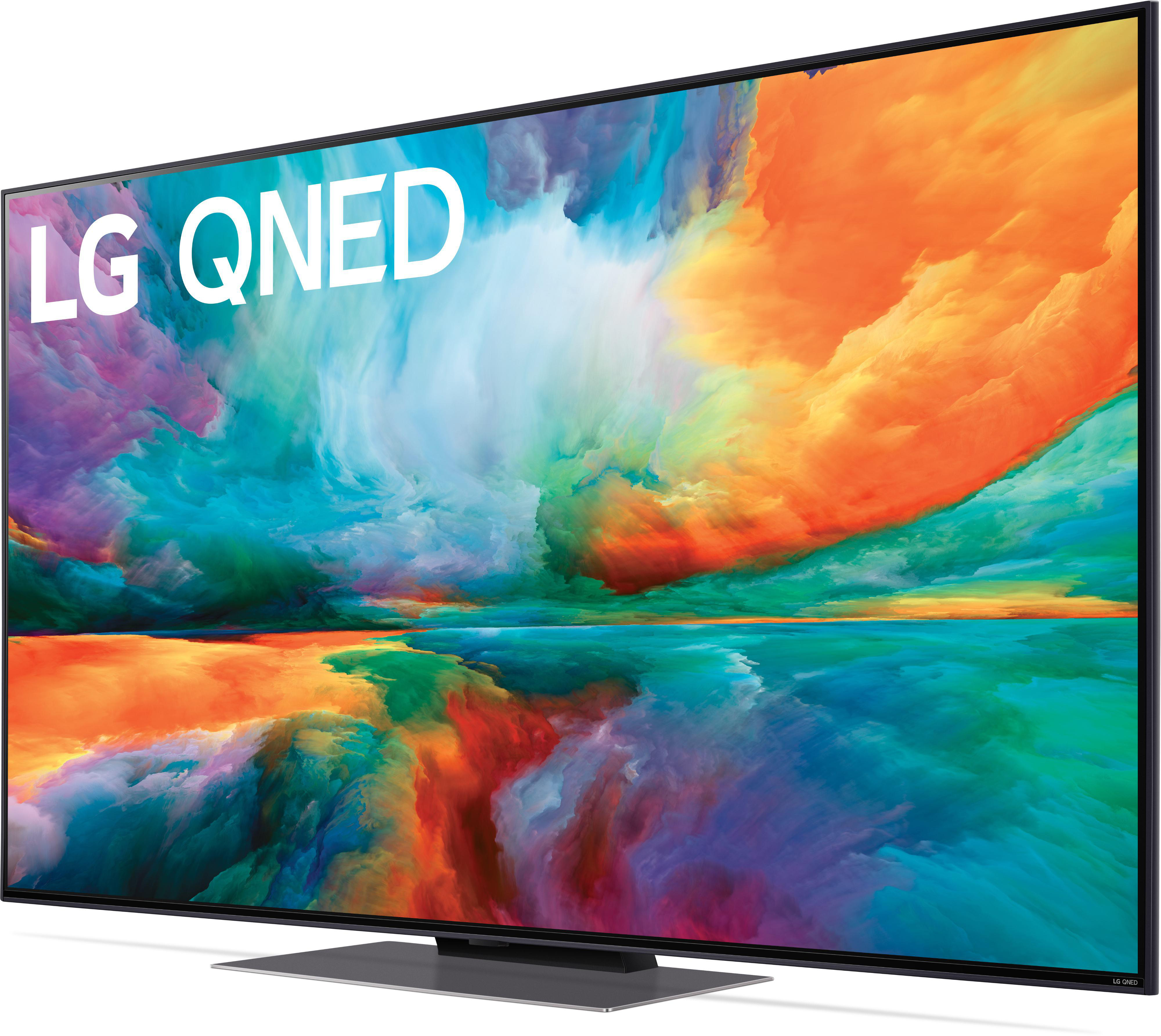 Großer LG QNED-Fernseher mit einem lebendigen, farbenfrohen Kunstwerk.