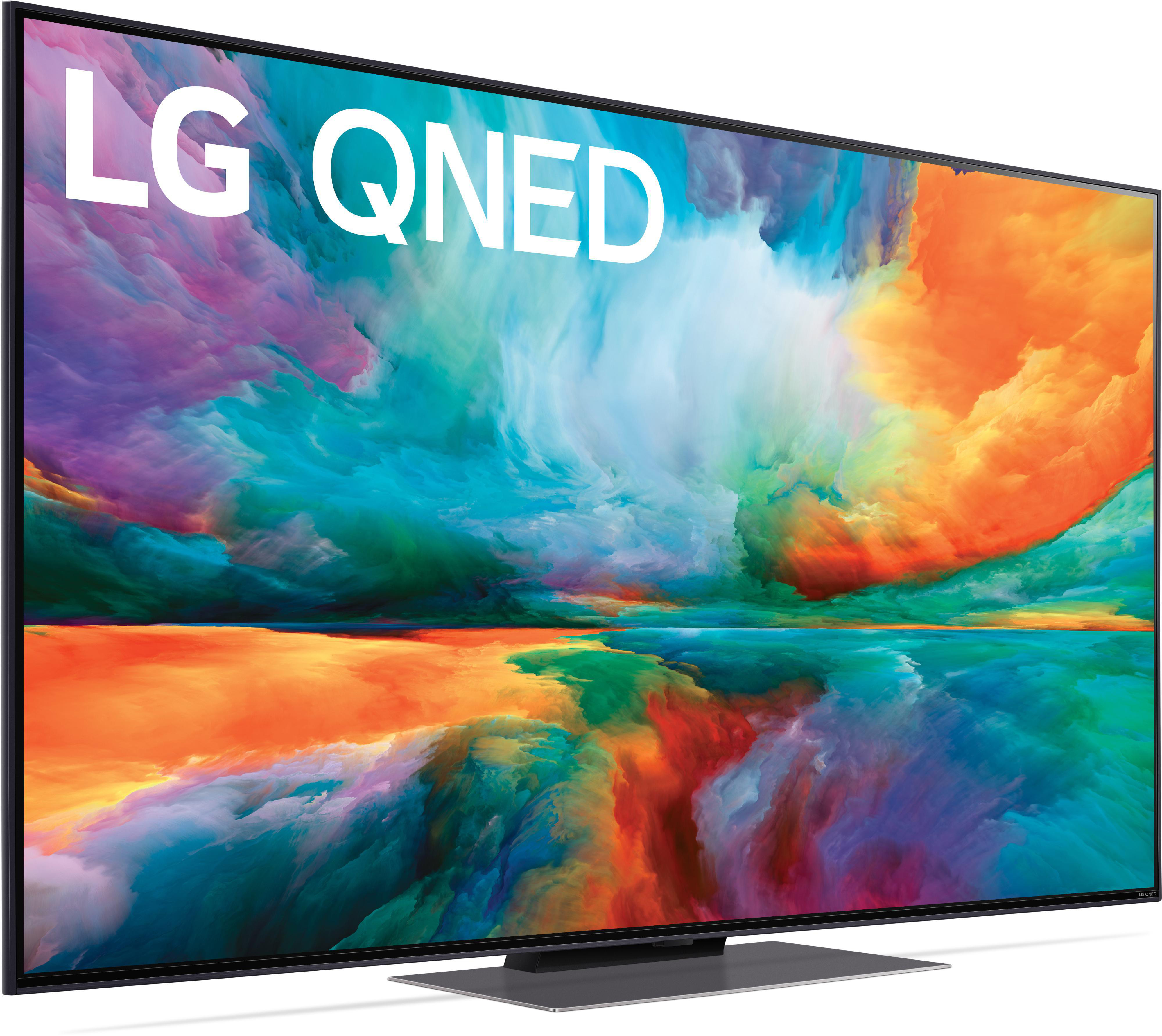 LG QNED Fernseher mit bunter abstrakter Kunst auf dem Bildschirm, silberner Standfuß.