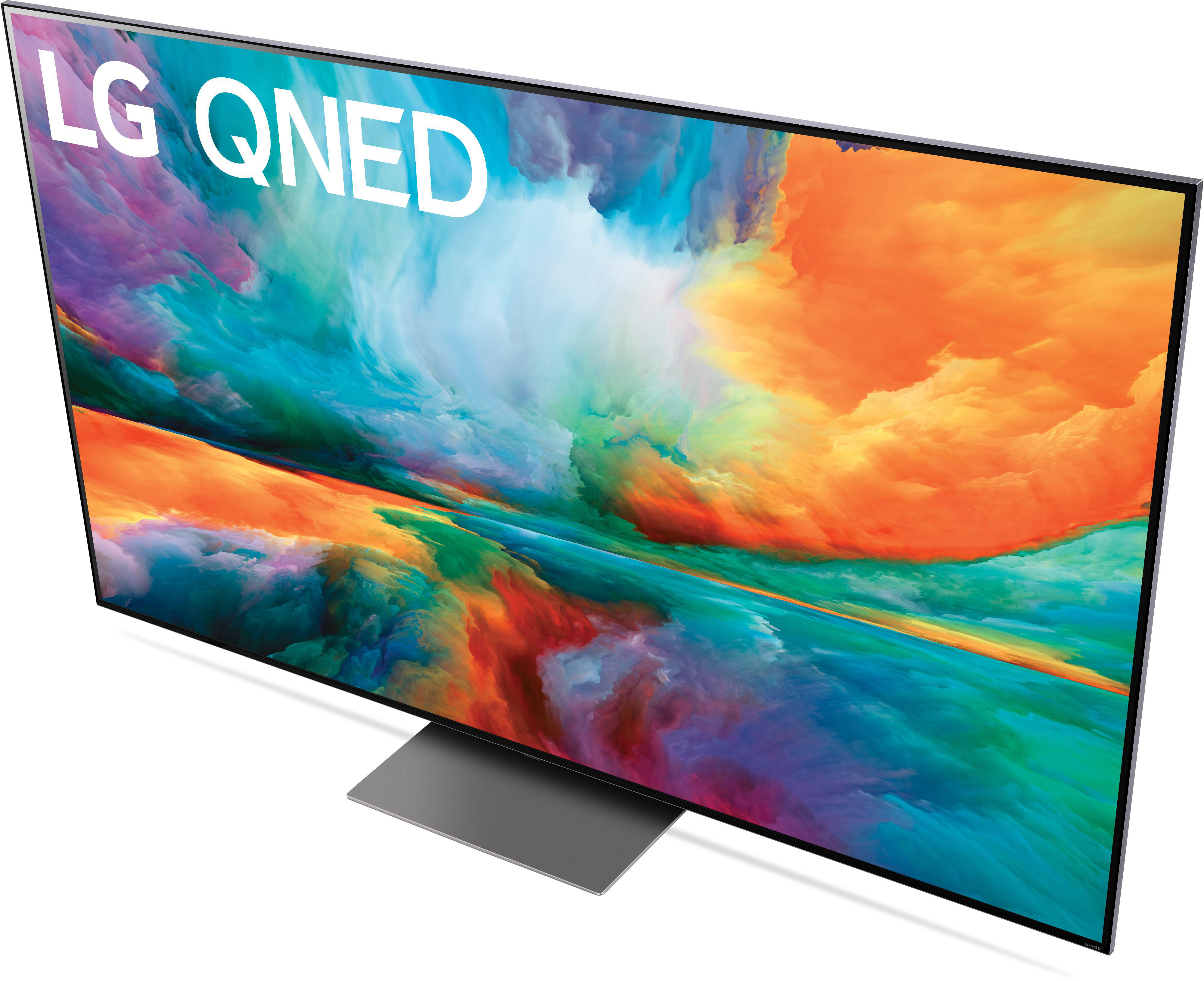 LG QNED TV, Draufsicht. Buntes abstraktes Bild auf dem Bildschirm. Grauer Ständer.