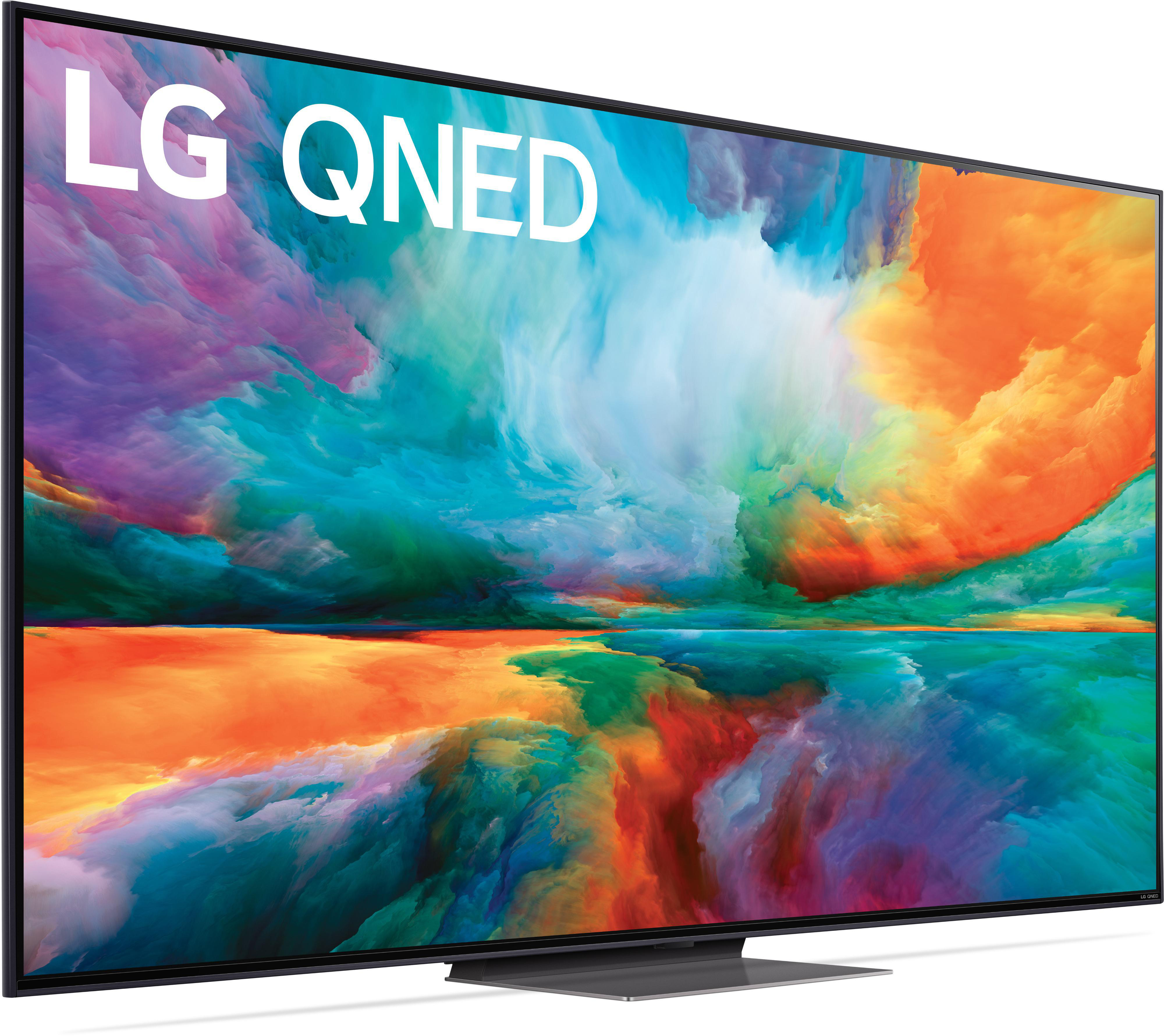 Großer LG QNED-Fernseher mit farbenfroher abstrakter Kunst. Angesicht.