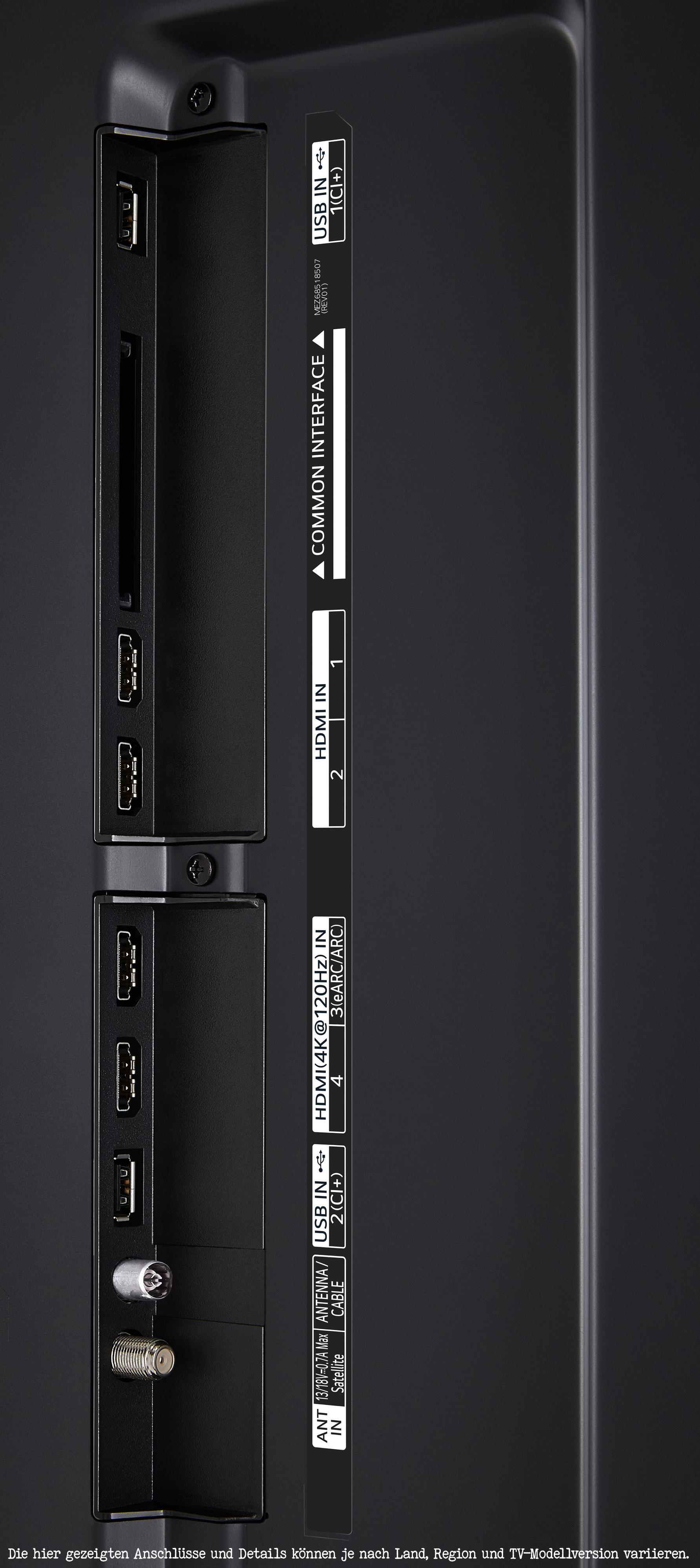 Nahaufnahme der Rückseite eines Fernsehers mit beschrifteten Anschlüssen, einschließlich HDMI, USB und Antenneneingang.