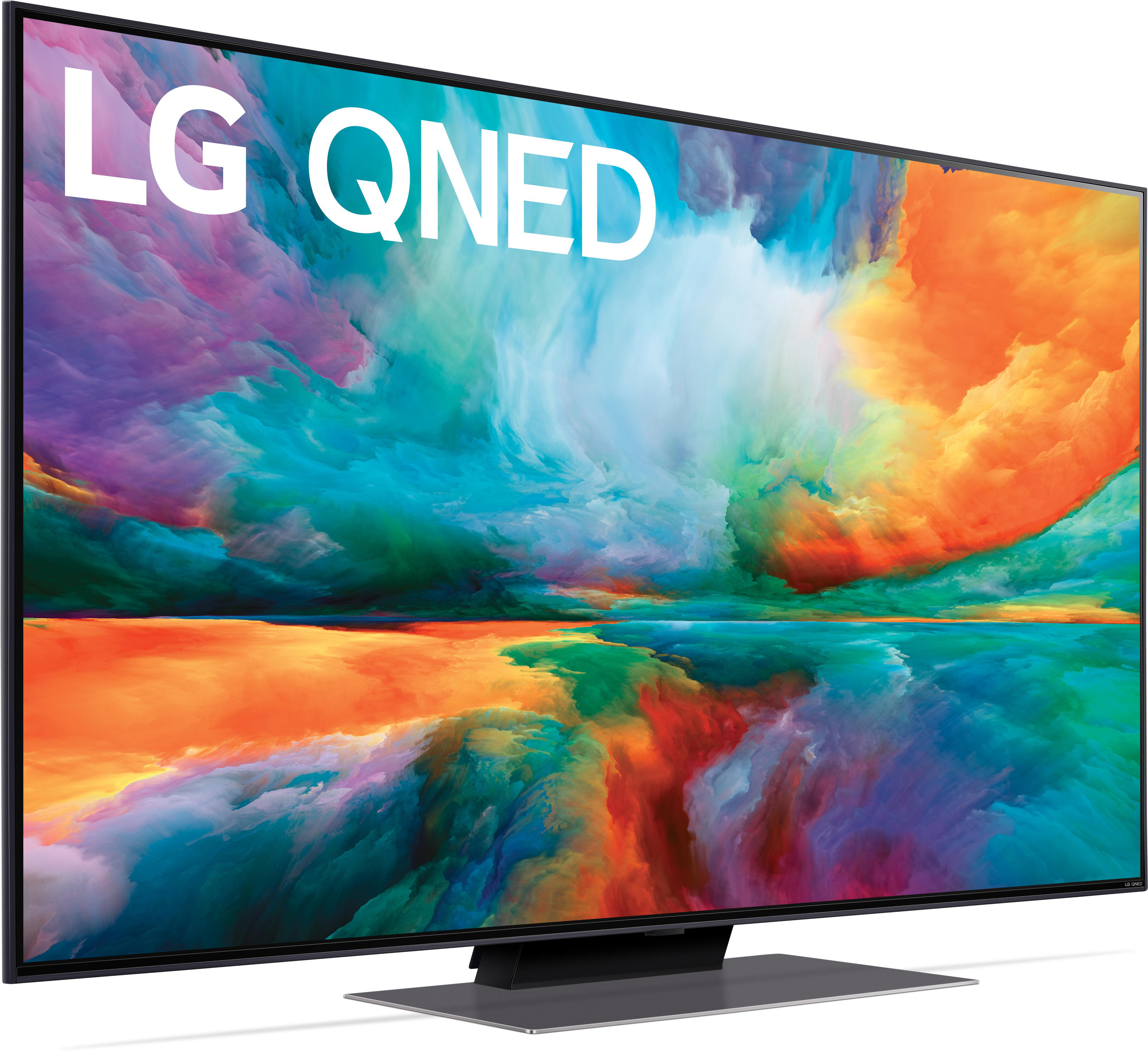 Ein großer LG QNED-Fernseher, der ein farbenfrohes, abstraktes Bild zeigt. Der Fernseher hat einen großen Fuß.