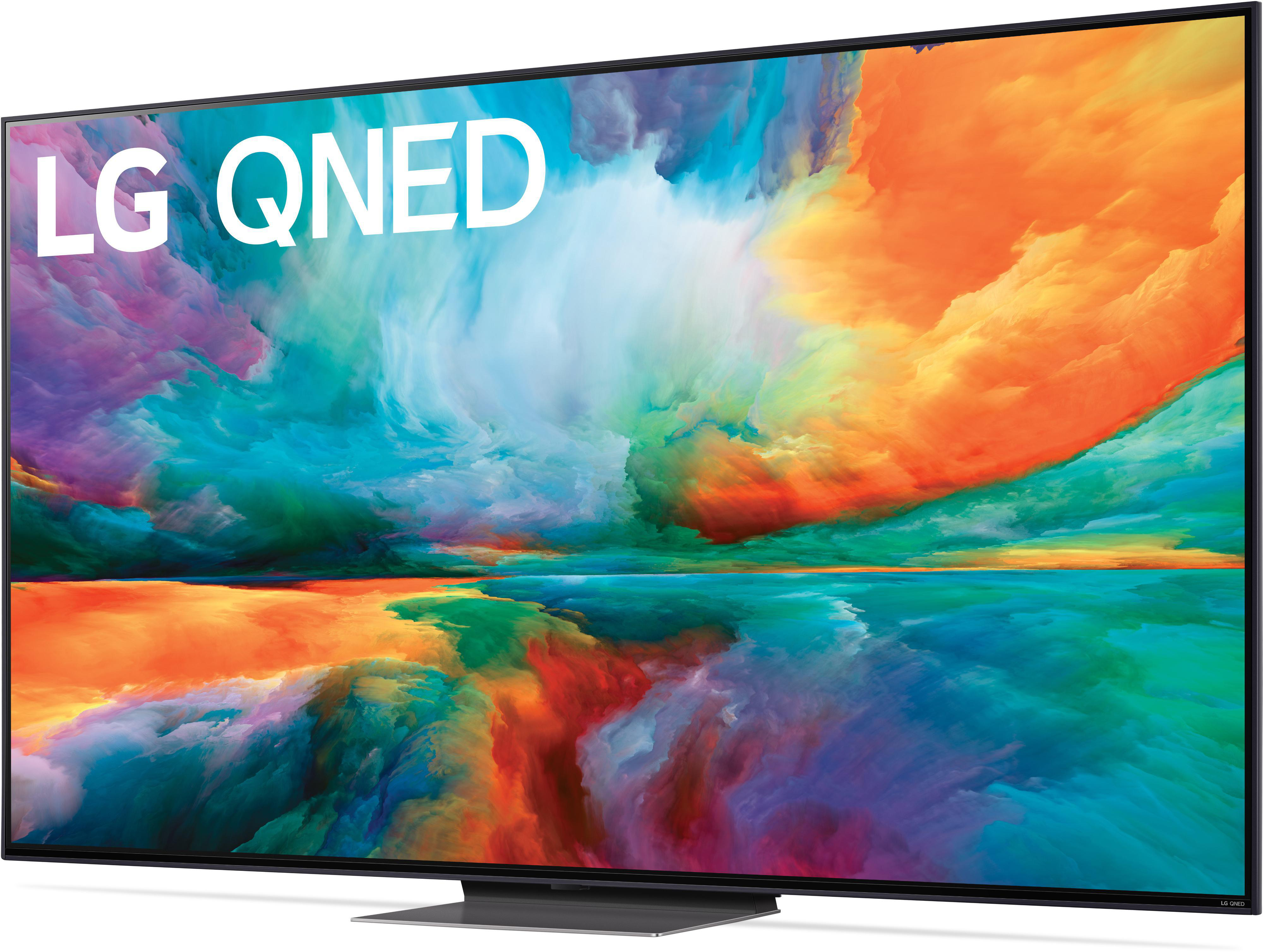 LG QNED-Fernseher zeigt abstrakte Kunst mit lebendigen Farben: Orange, Blau und Grün.