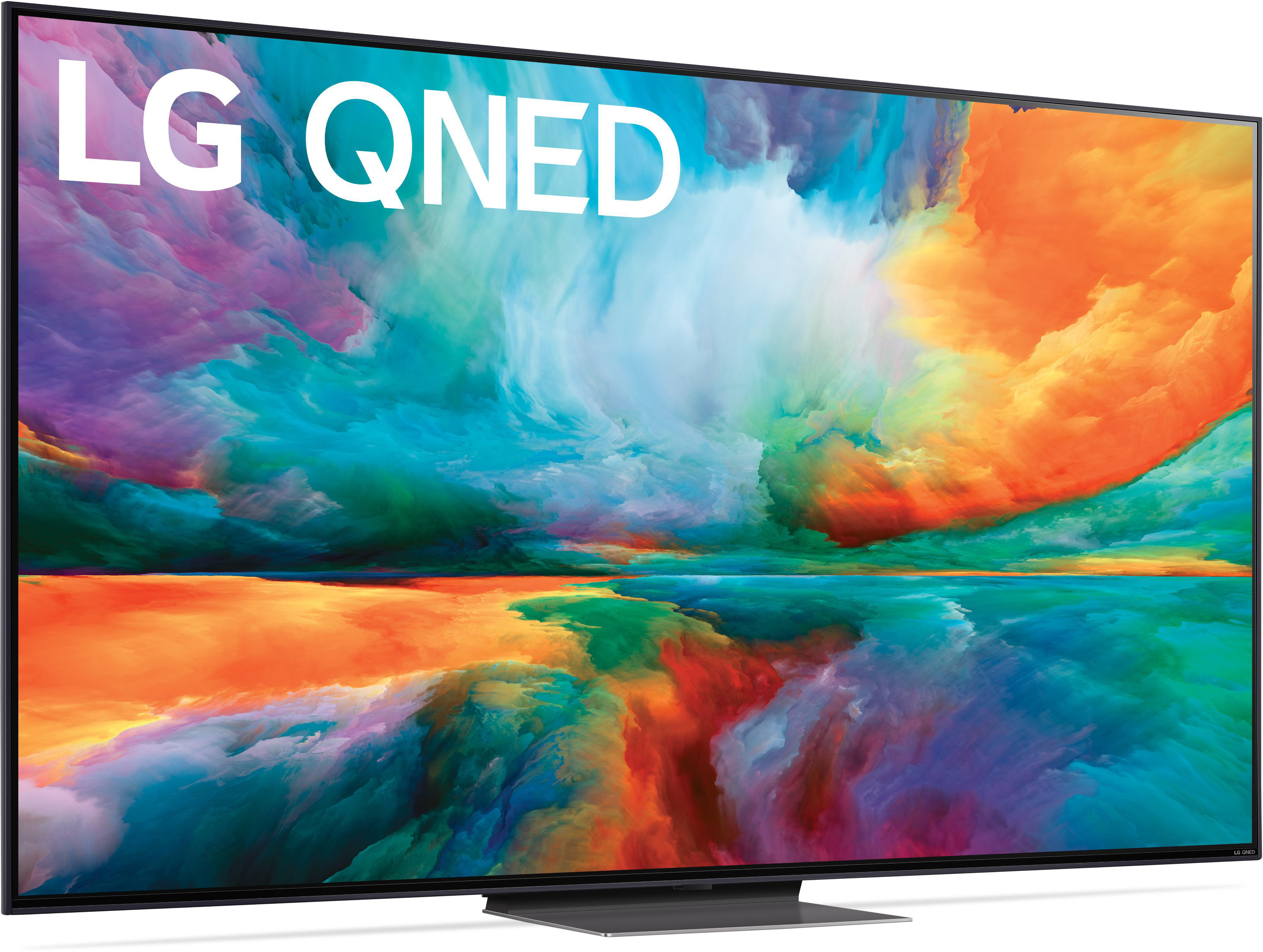 Großer LG QNED Fernseher mit farbenfroher, abstrakter Kunst.