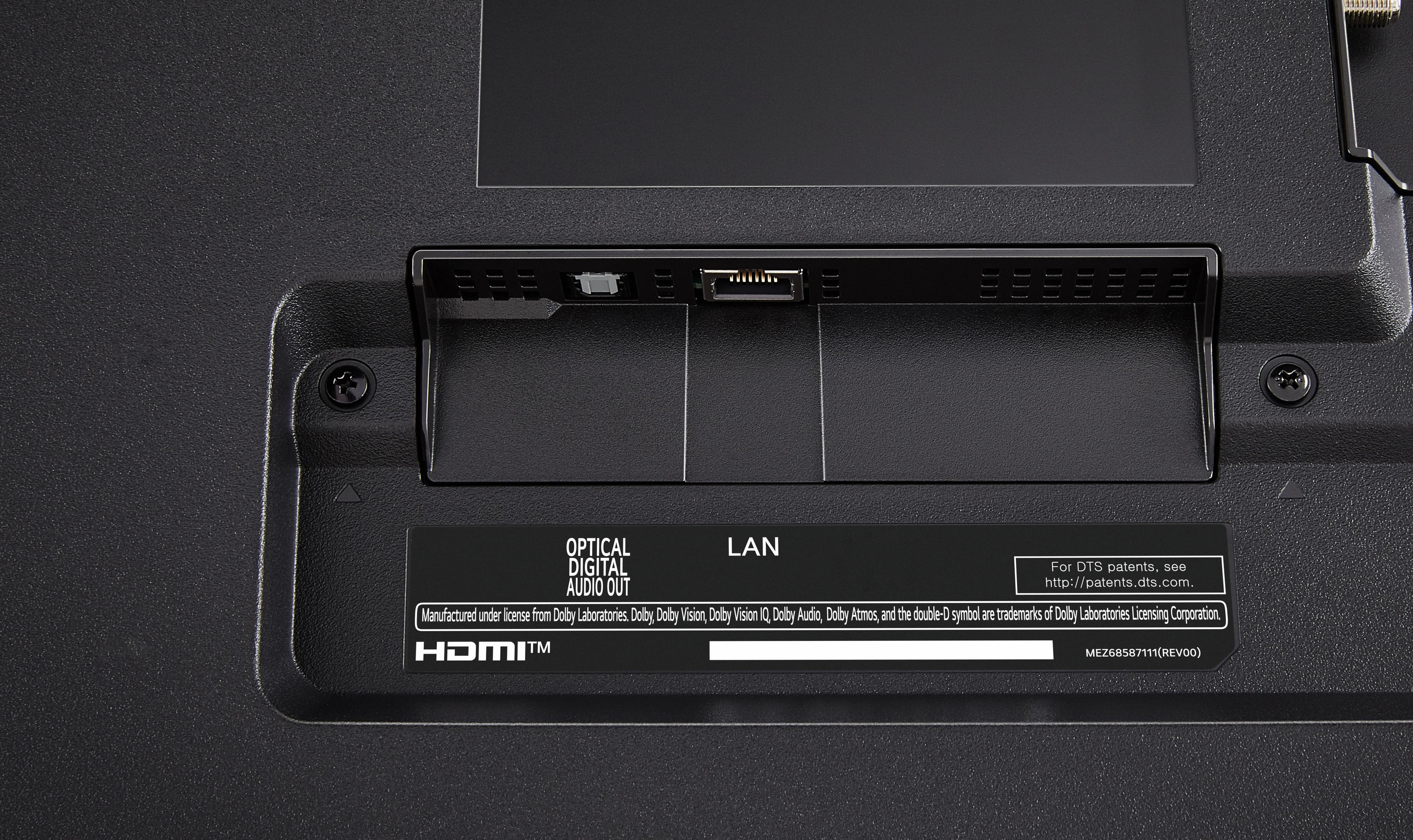 Rückseite eines Fernsehers mit Anschlüssen, darunter HDMI, LAN und optischem Audio.