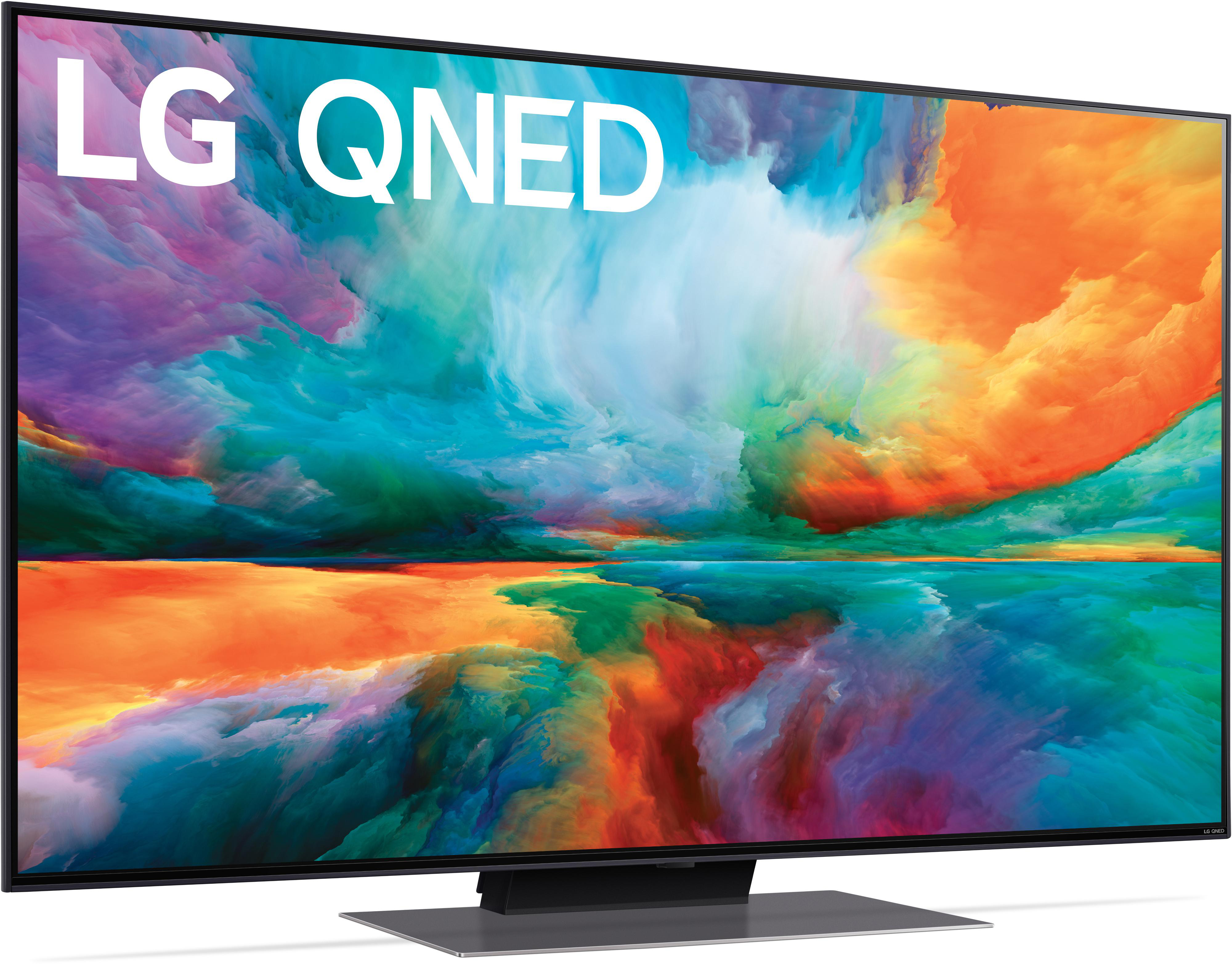 LG QNED-Fernseher, der bunte abstrakte Kunst zeigt, mit einem schwarzen Ständer und weißem LG-Logo.