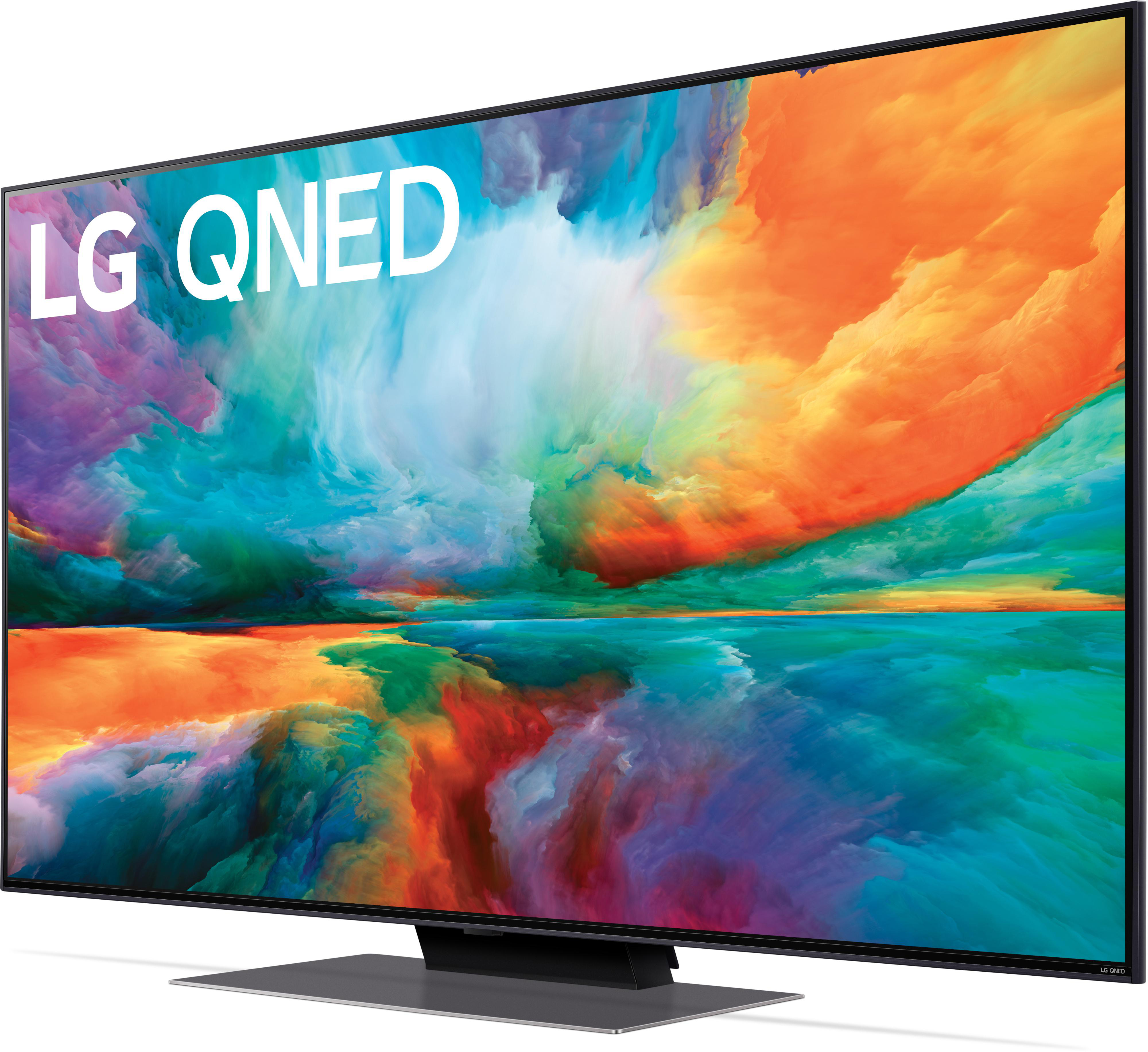 LG QNED TV zeigt farbenfrohe abstrakte Kunst. Der Bildschirm ist schwarz und hat das Logo LG QNED.