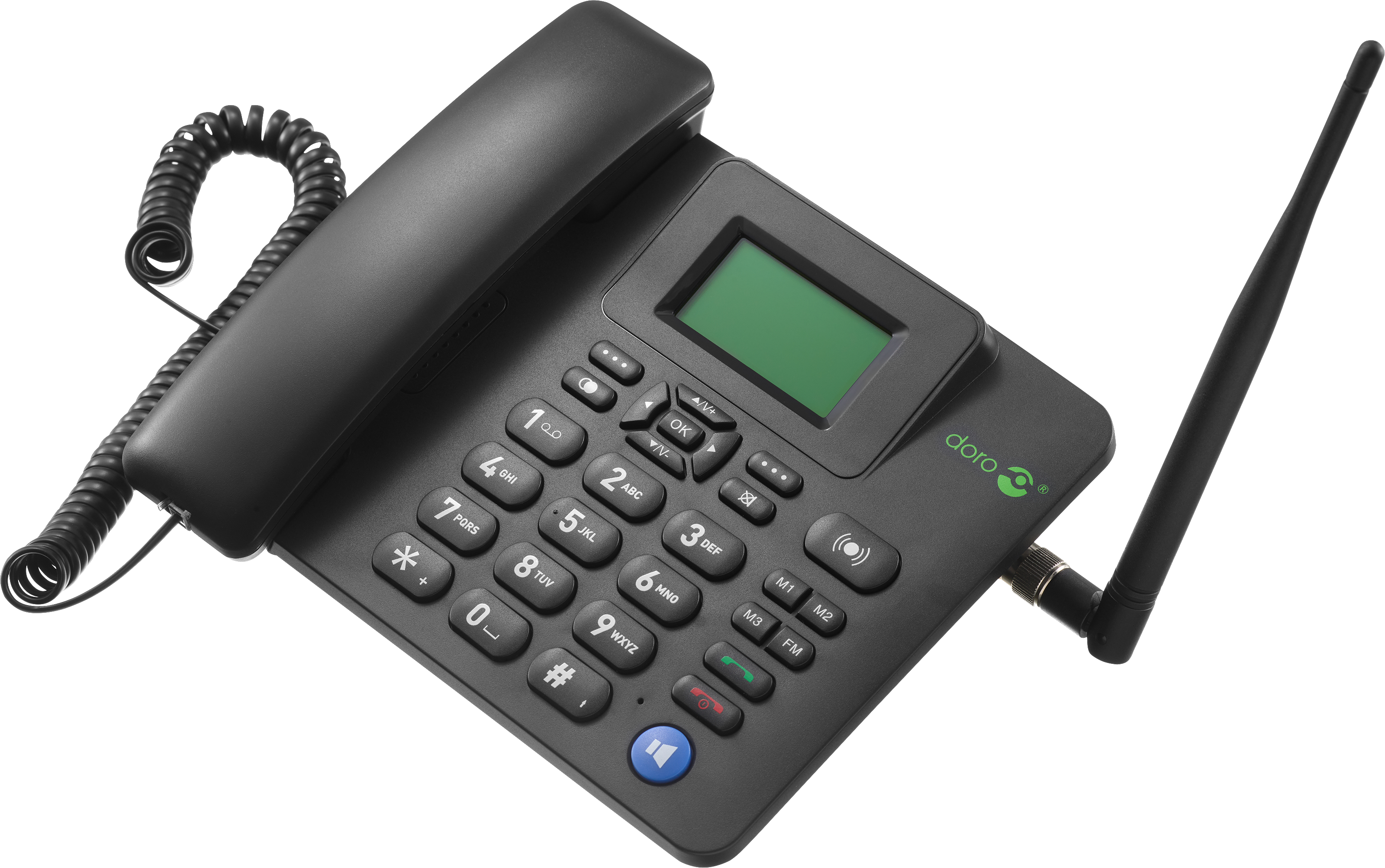 Schwarzes Tischtelefon mit Hörer und Antenne.