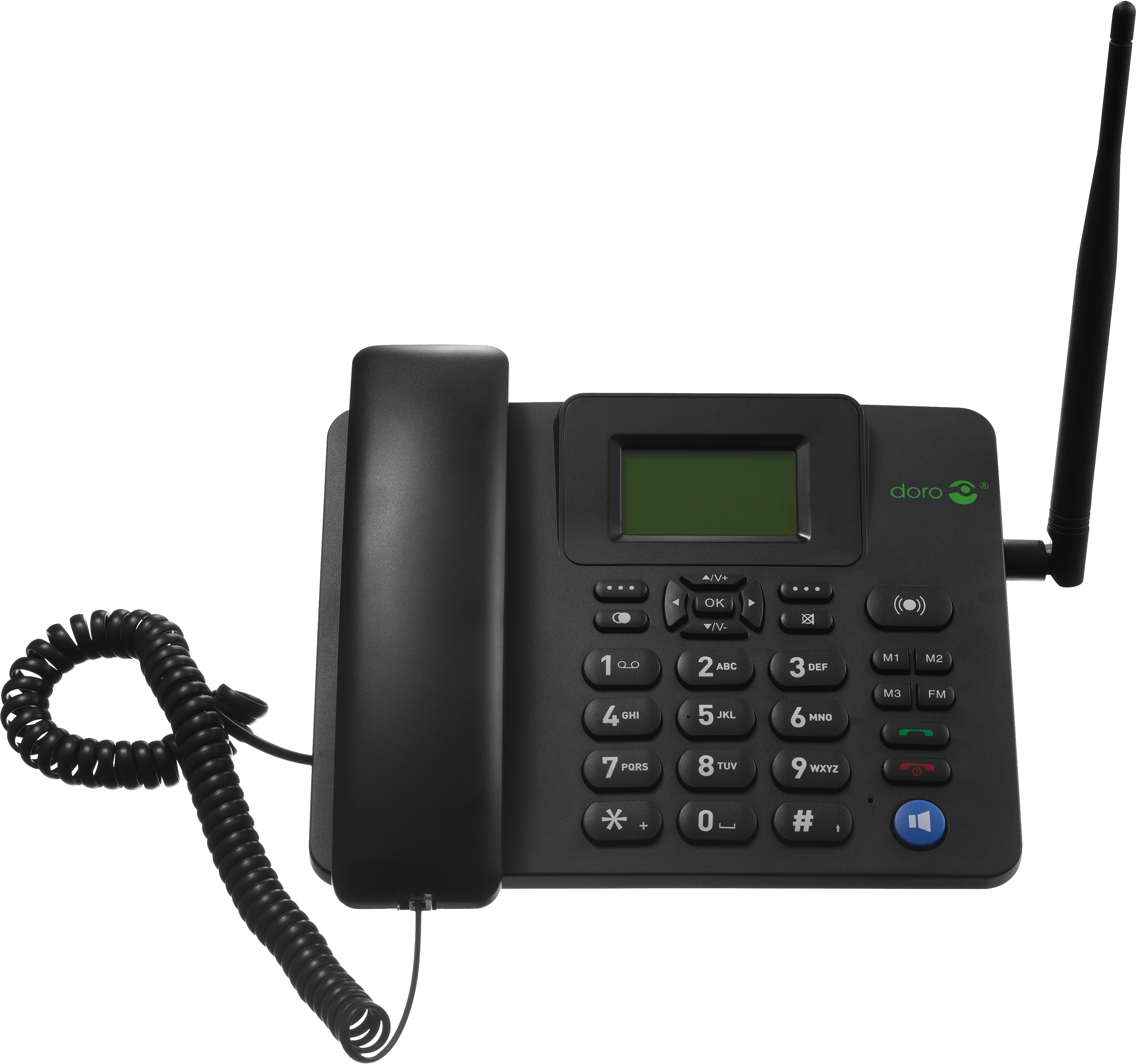 Ein schwarzes Doro Tischtelefon mit Digitalanzeige, Zifferntasten und Antenne. Ein Spiralkabel ist befestigt.