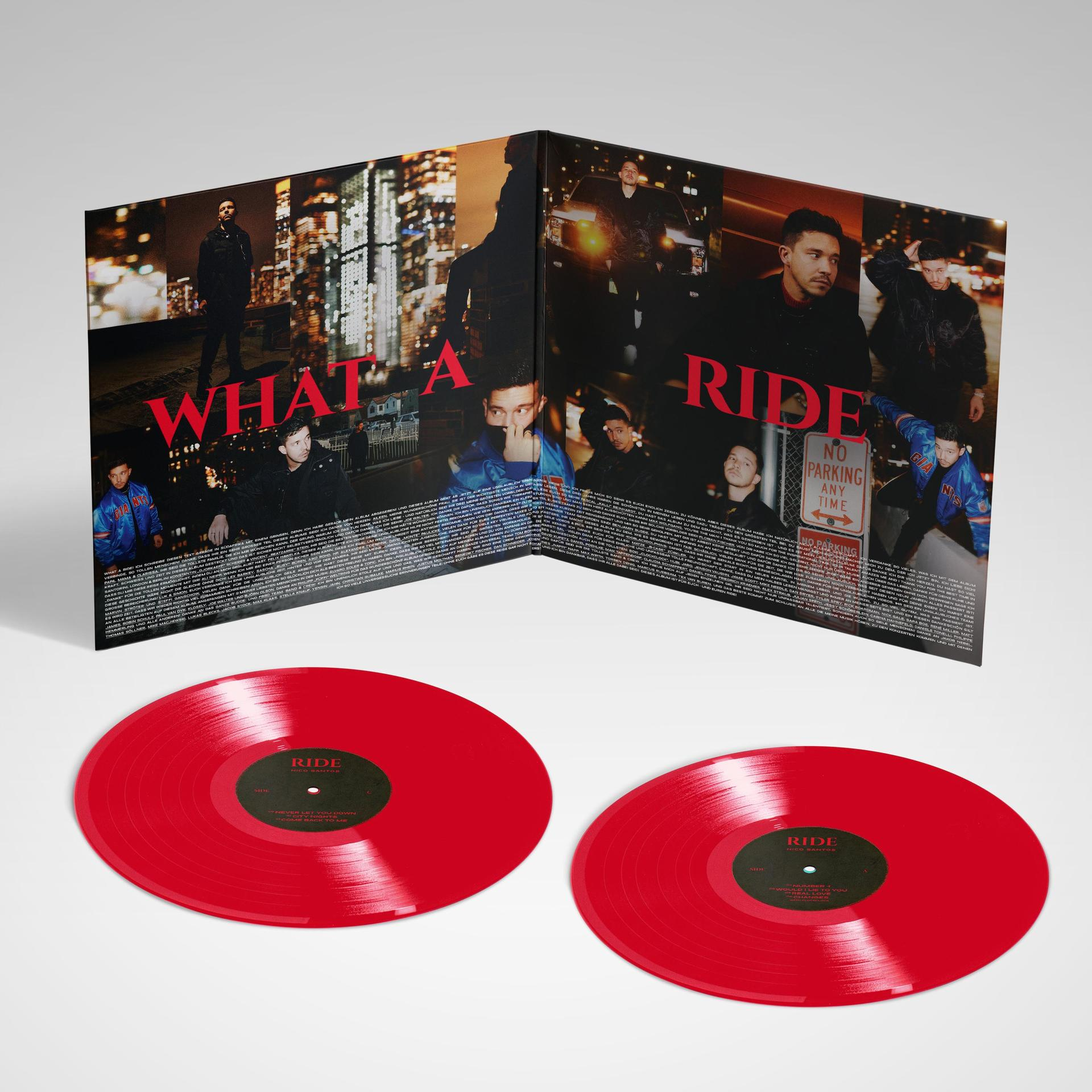 Doppel-LP-Vinyl-Schallplattencover geöffnet, rote Platten innen. Text sagt 'WHAT A RIDE' und 'RIDE'.