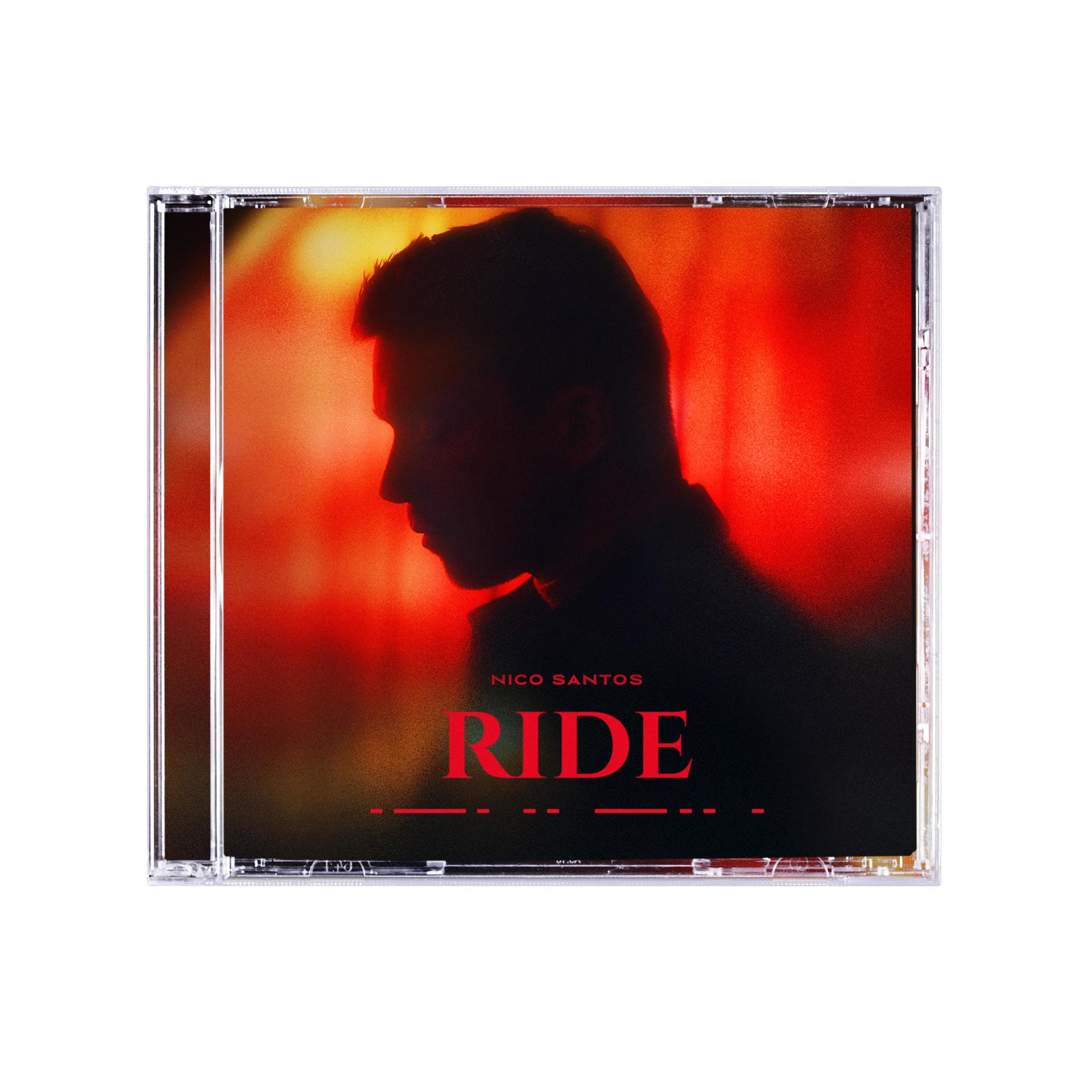 CD-Cover mit der Silhouette eines Mannes vor rotem Hintergrund. Text: 'Nico Santos RIDE'.