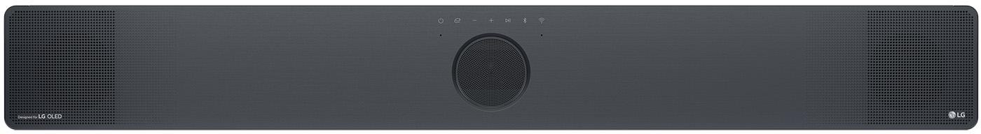 Lange, dunkle Soundbar mit zentralem Lautsprecher und Bedientasten.