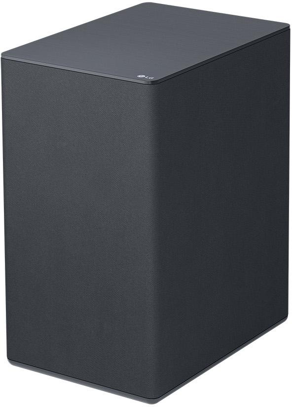 Ein schwarzer rechteckiger Subwoofer. Das LG-Logo befindet sich oben links.
