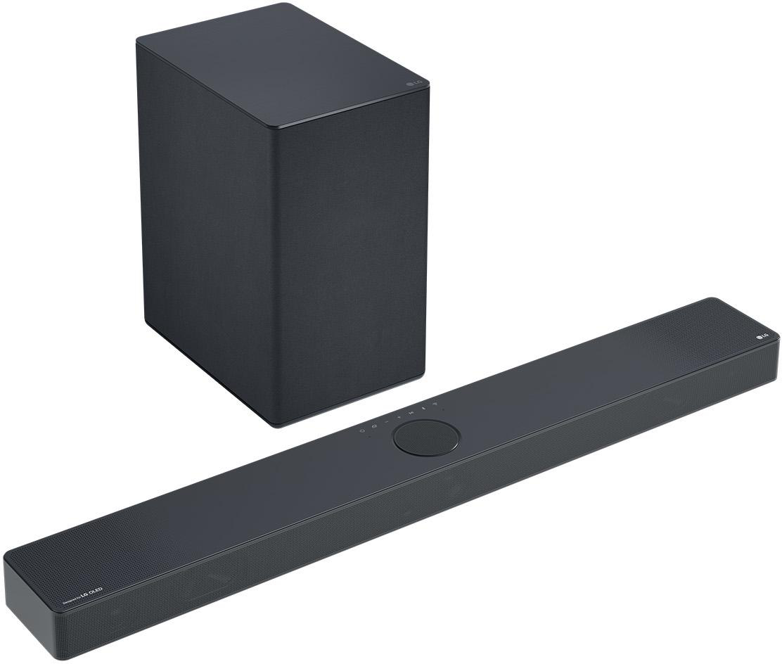 Schwarzes Soundbar- und Subwoofer-Set auf weißem Grund.