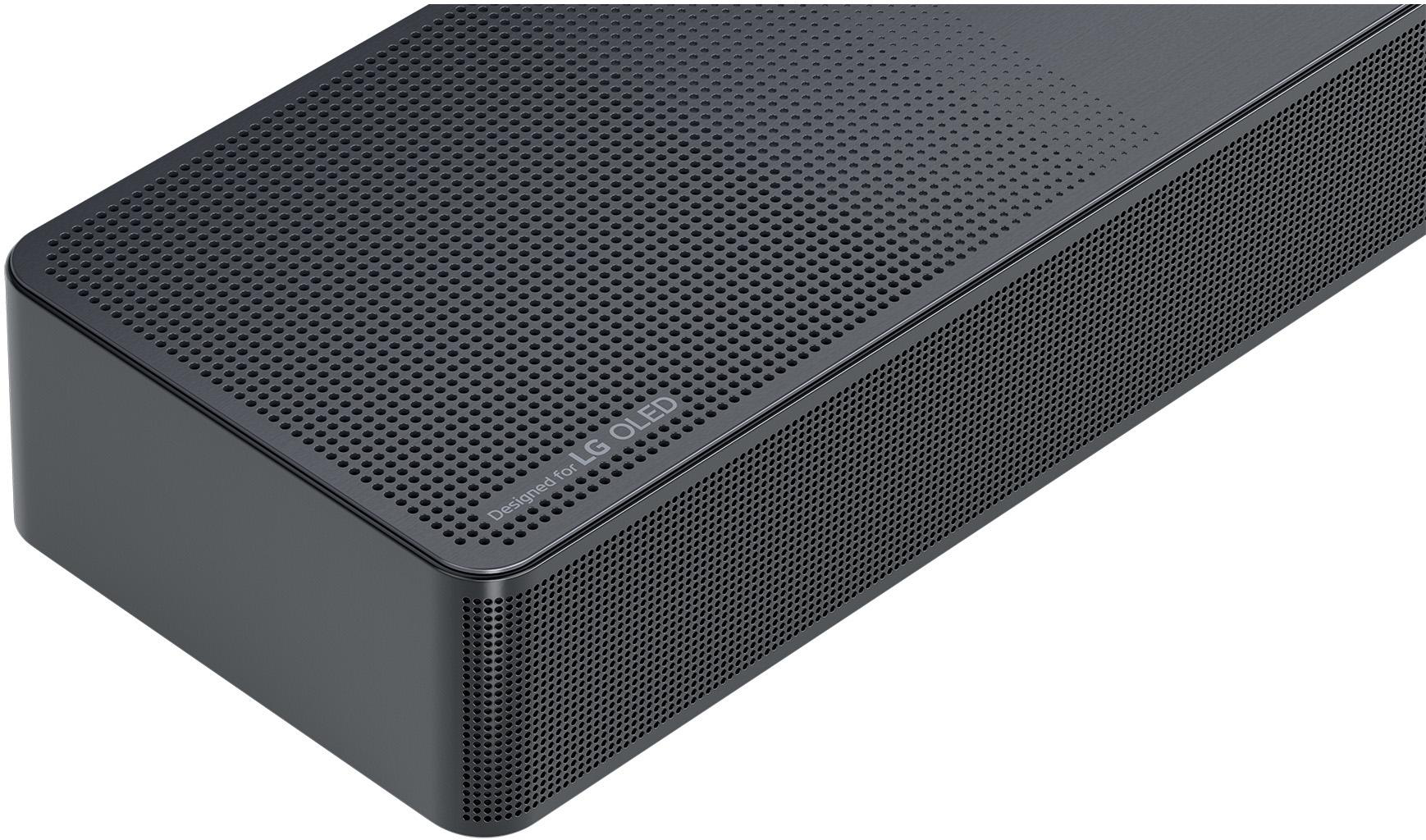 Eine schwarze Soundbar mit einem Gitter aus Löchern und dem LG OLED-Logo.