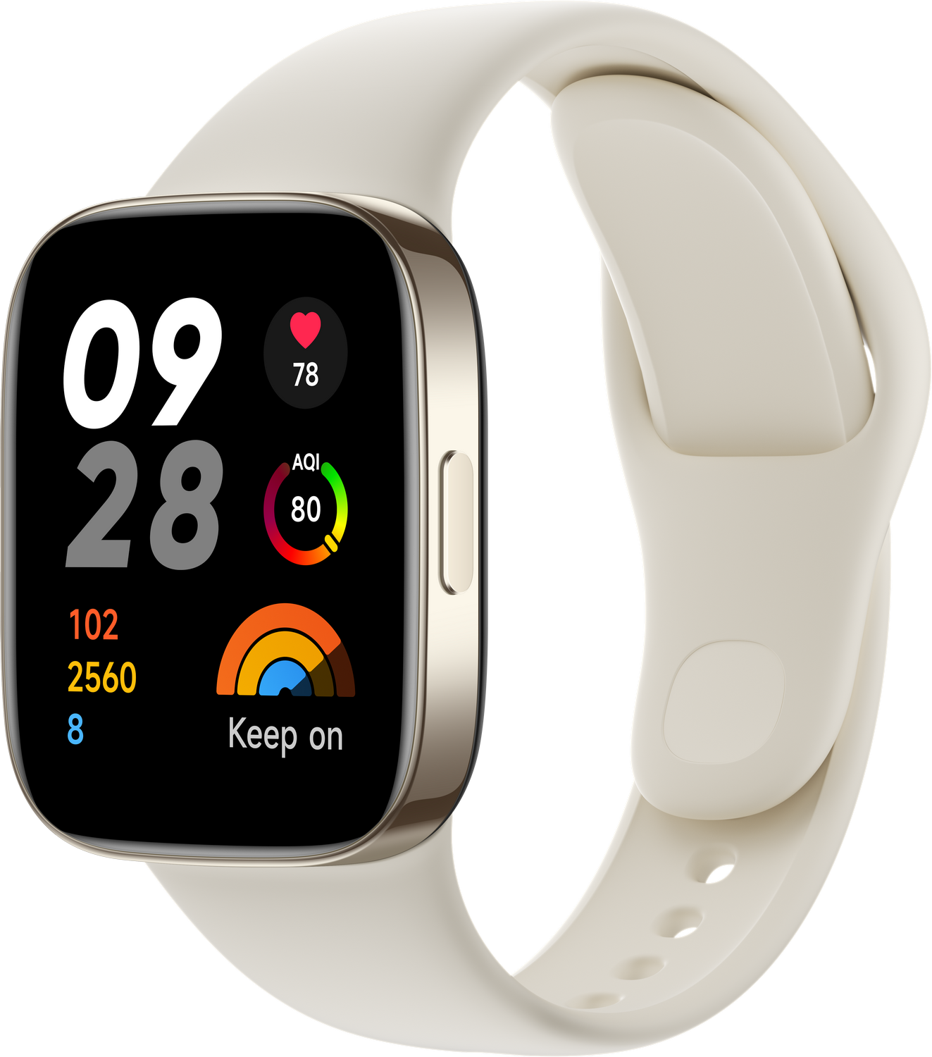 Smartwatch con pantalla negra mostrando hora, estadísticas. Correa beige. Fondo negro.