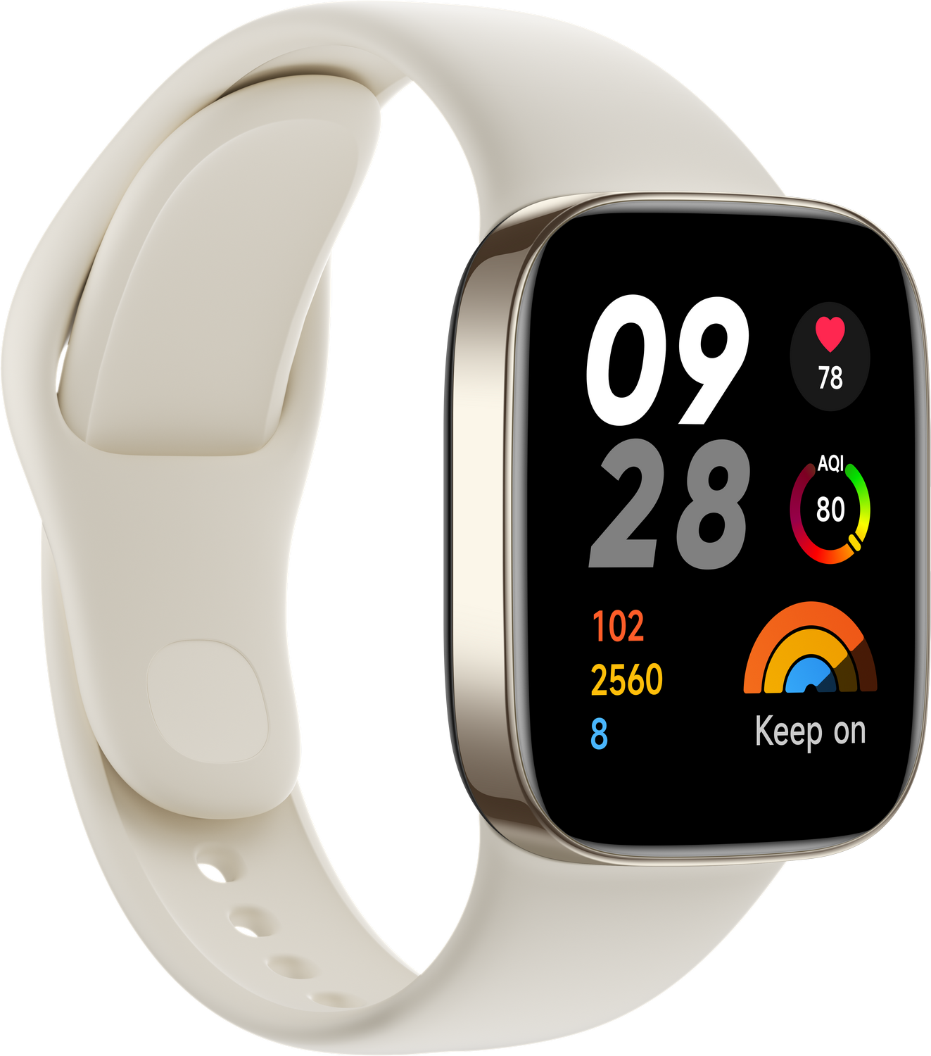 Un reloj inteligente blanco y dorado con una pantalla que muestra datos.